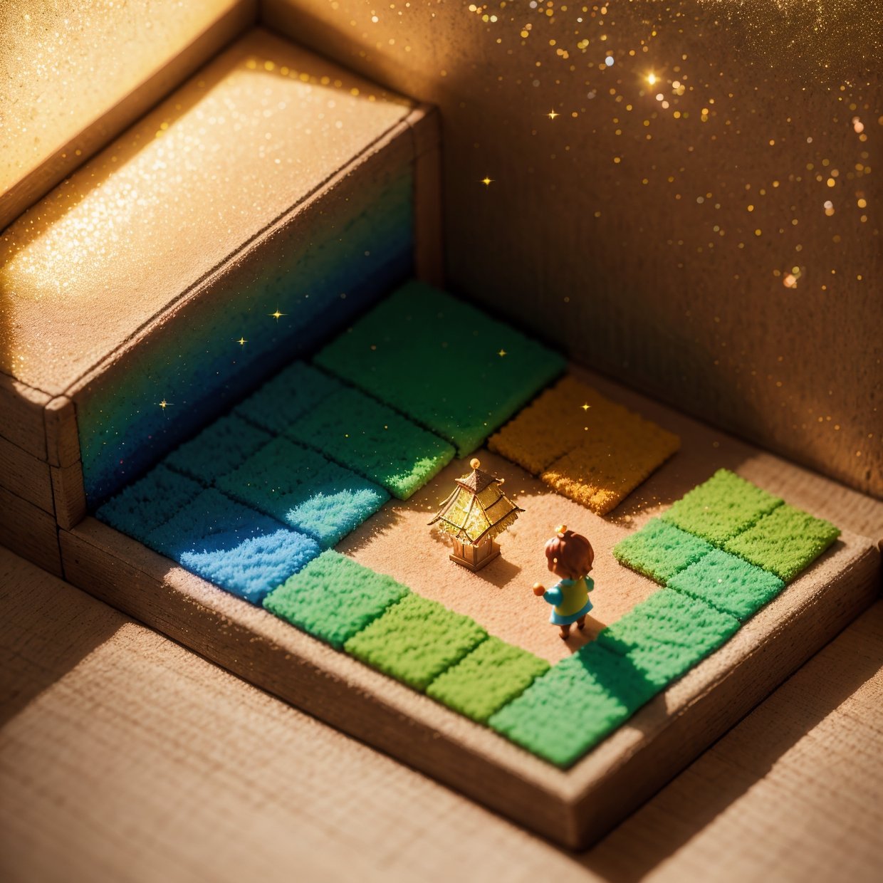 （Pixar style),A model of a cozy small room, miniature figure model, light source from right to left, Rumbrandt lighting, light source from right to left, (isometric view), (top-down), realistic scale, post-processing, ((orthogonal perspective)), super detail, realistic, super realistic, realistic render, rainbow color, glitter