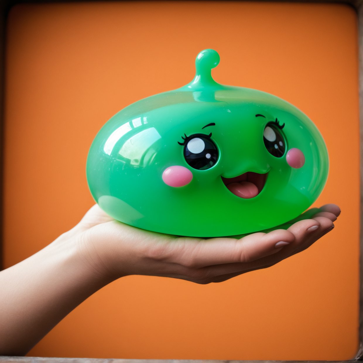 a cute green slime, gelatinous texture, shiny and gooey appearance, innocent expression, large expressive eyes, adorable smile, playful and mischievous, floating in mid-air, colorful background, dynamic lighting, vibrant colors, (best quality,4k,8k,highres,masterpiece:1.2),ultra-detailed,(realistic,photorealistic,photo-realistic:1.37),cute,whimsical,fantasy