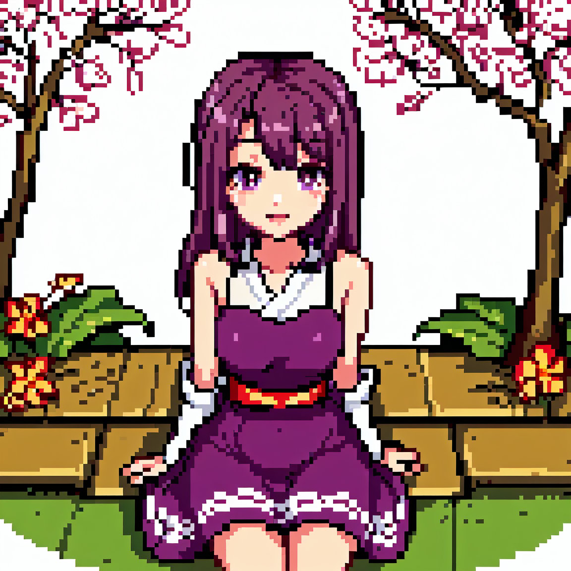 A 16-year-old Japanese beauty,in the sakura flowers.Turn slightly,iris purple dress