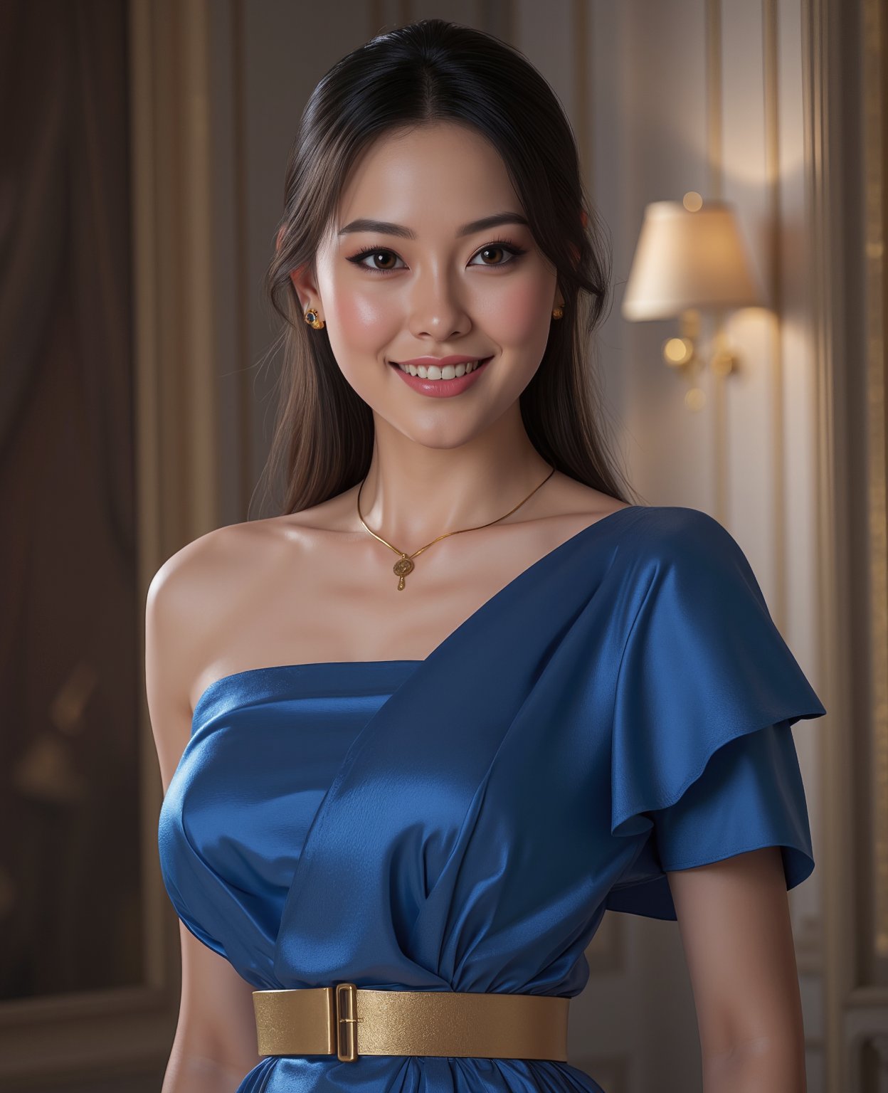 arafed woman in a blue dress with a gold belt and a necklace, 3 d render character art 8 k, trending on cgstation, chengwei pan on artstation, inspired by Lan Ying, 8k artgerm bokeh, 8k high quality detailed art, deviantart artstation cgscosiety, cgsociety 8k, cgsociety 8k