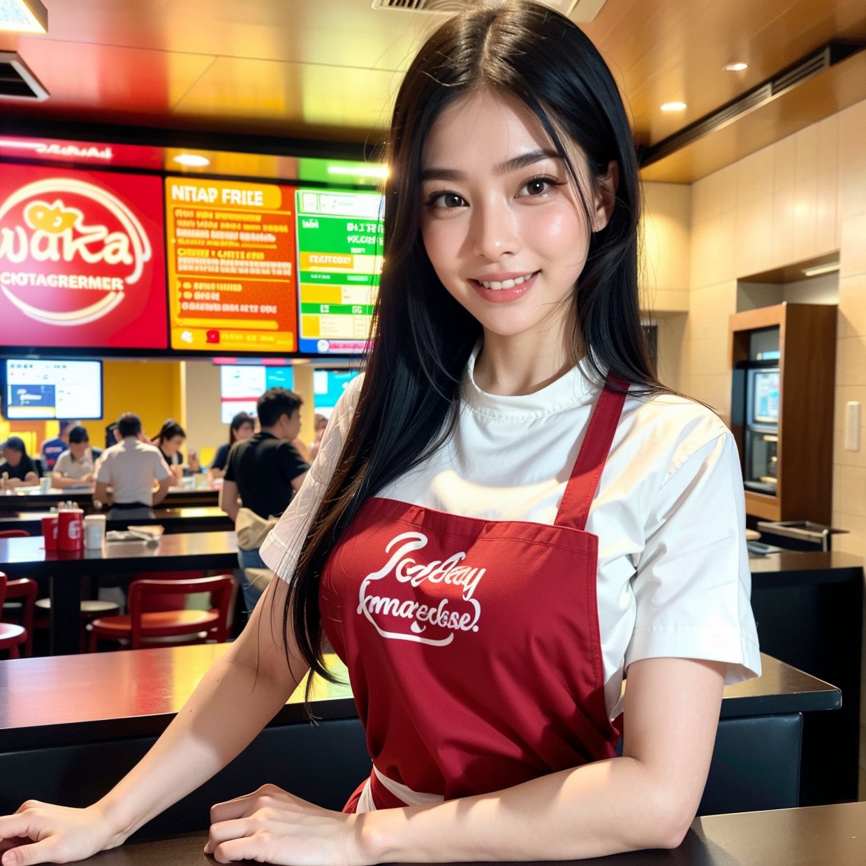 a fast food worker, fast food restaurant, fast food counter, fast food apron, fast food uniform, french fries, hamburger, cheeseburger, soda, milkshake, cashier, order taking, cooking, serving, smiling, friendly expression, dynamic pose, bright lighting, warm colors, photorealistic, (best quality,4k,8k,highres,masterpiece:1.2),ultra-detailed,(realistic,photorealistic,photo-realistic:1.37)