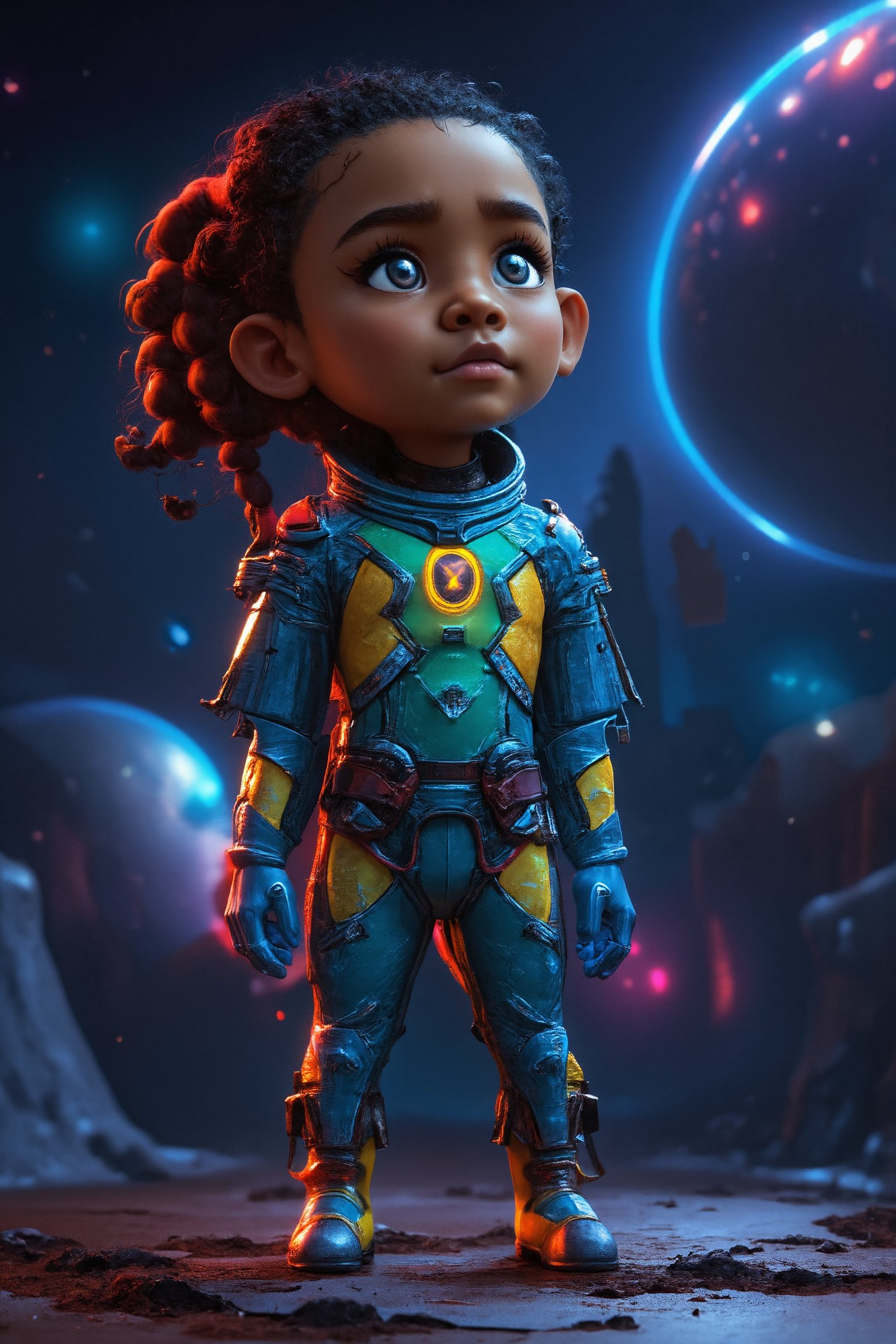 A 3D cartoon boy stands boldly in a dark, starry galaxy, his bright black skin glistening under the radiant light of a nearby planet. His vibrant blue and green spacesuit adorned with shiny metallic plates, he gazes up at the swirling cosmos with wonder and curiosity.