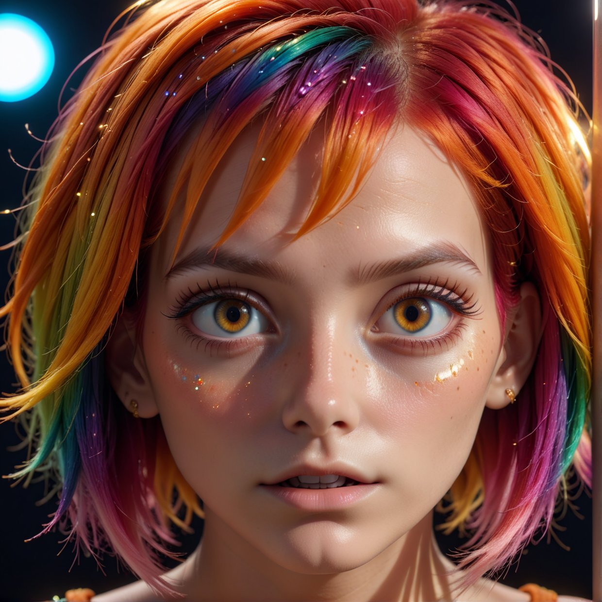 comboy shot,multicolored hair, gradient hair, carrot hair ornament, mole under eye, amber eyes, high detail, Verism, Hyperrealism, Contemporary art, cinematic lighting, sparkle, wide shot, f/1.2, best quality, award winning, 8k, super detail, UHD, 