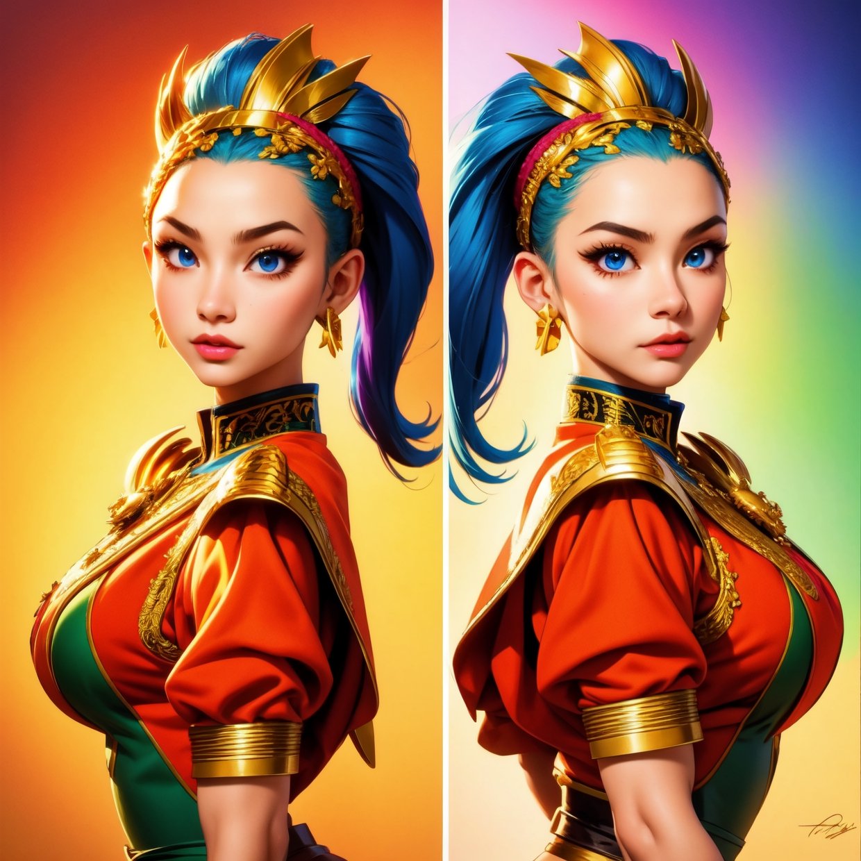 beautiful stylized character design, detailed facial features, expressive emotions, unique outfit, dynamic pose, vibrant colors, digital painting, character turnarounds, multiple expressions, detailed hair and accessories, concept art, professional quality, high-resolution rendering, dramatic lighting, fantasy genre, intricate costume design, concept sketches, diverse body types and ethnicities, dynamic composition, eye-catching visual style