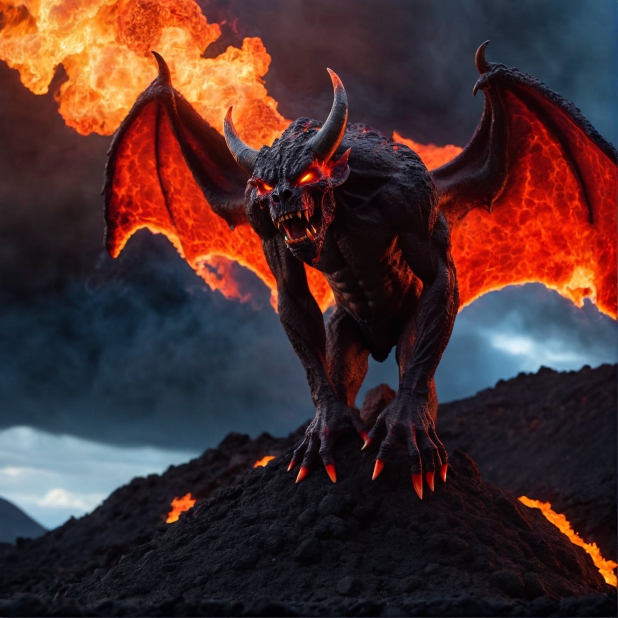 (best quality,4k,8k,highres,masterpiece:1.2),ultra-detailed,(realistic,photorealistic,photo-realistic:1.37),Lava Demon,volcanic rock texture,fiery red and orange colors,menacing gaze,sharp fangs,lava-like flowing hair,smoke and fire billowing around,burning hot atmosphere,powerful muscular body,sinister smile,demonic horns,cracked volcanic ground,glowing lava cracks,ominous dark sky,threatening stance,glowing eyes and molten tears,dramatic lighting,sharp shadows,smoldering lava background,fiery aura,wisps of smoke,unearthly glow,menacing presence,evil sorcerer-like appearance,demonic wings,hidden in the shadows,ominous and intense energy,ominous symbols glowing on the skin,demonic energy emanating,ominous aura,dark and fiery silhouette,dynamic and intense pose,ominous and powerful creature,high contrast,fiery and vibrant colors,dangerous and awe-inspiring