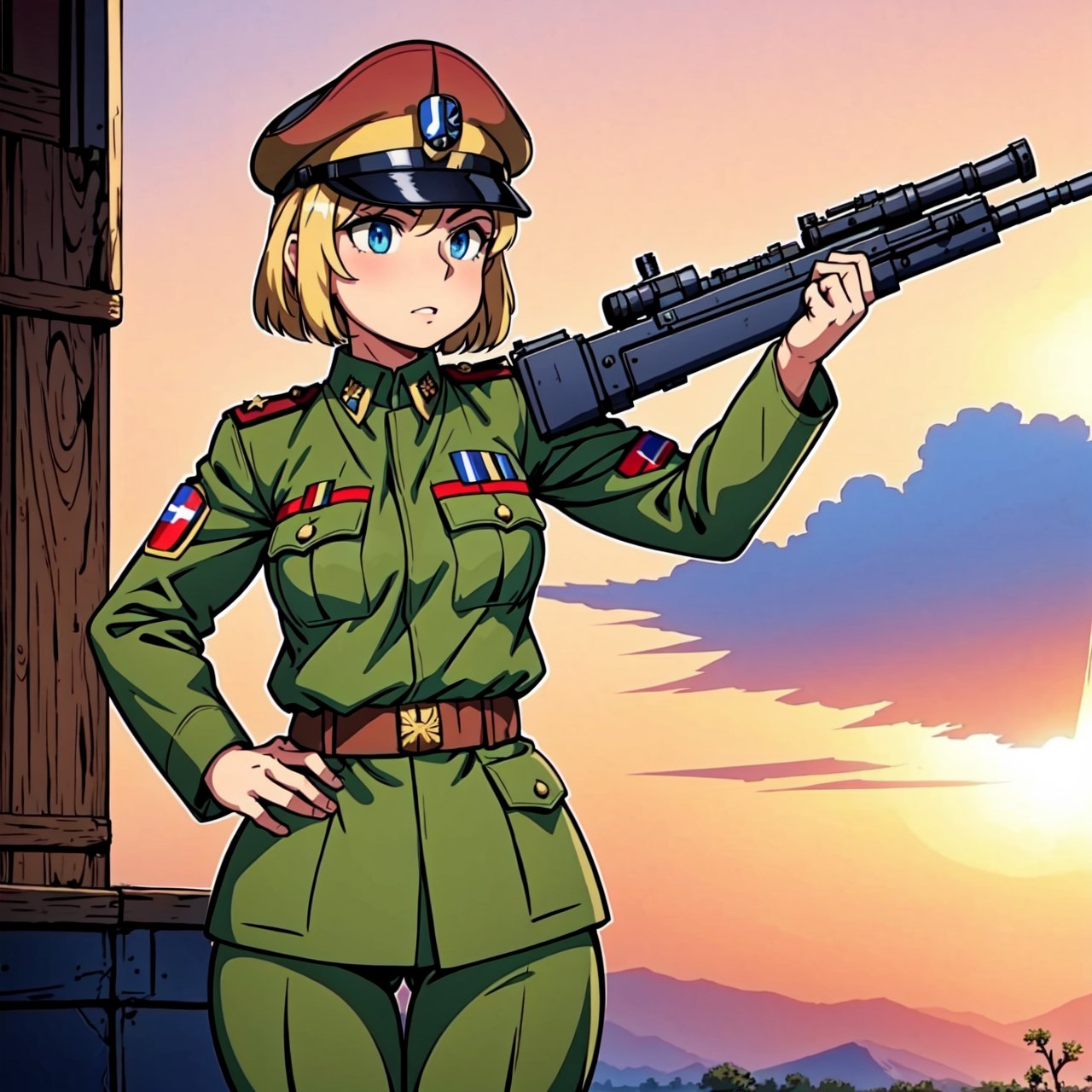 arafed soldier  girl in uniform with a gun and a rifle, full uniform, world war ii military style, ww2 era, ww 2, ww2, carrying mosin on back, wearing military uniform, soldier clothing, dieselpunk look, wearing russian ww 1 clothes, wearing a military uniform, 40's adventurer, full soldier clothing, wearing military outfit