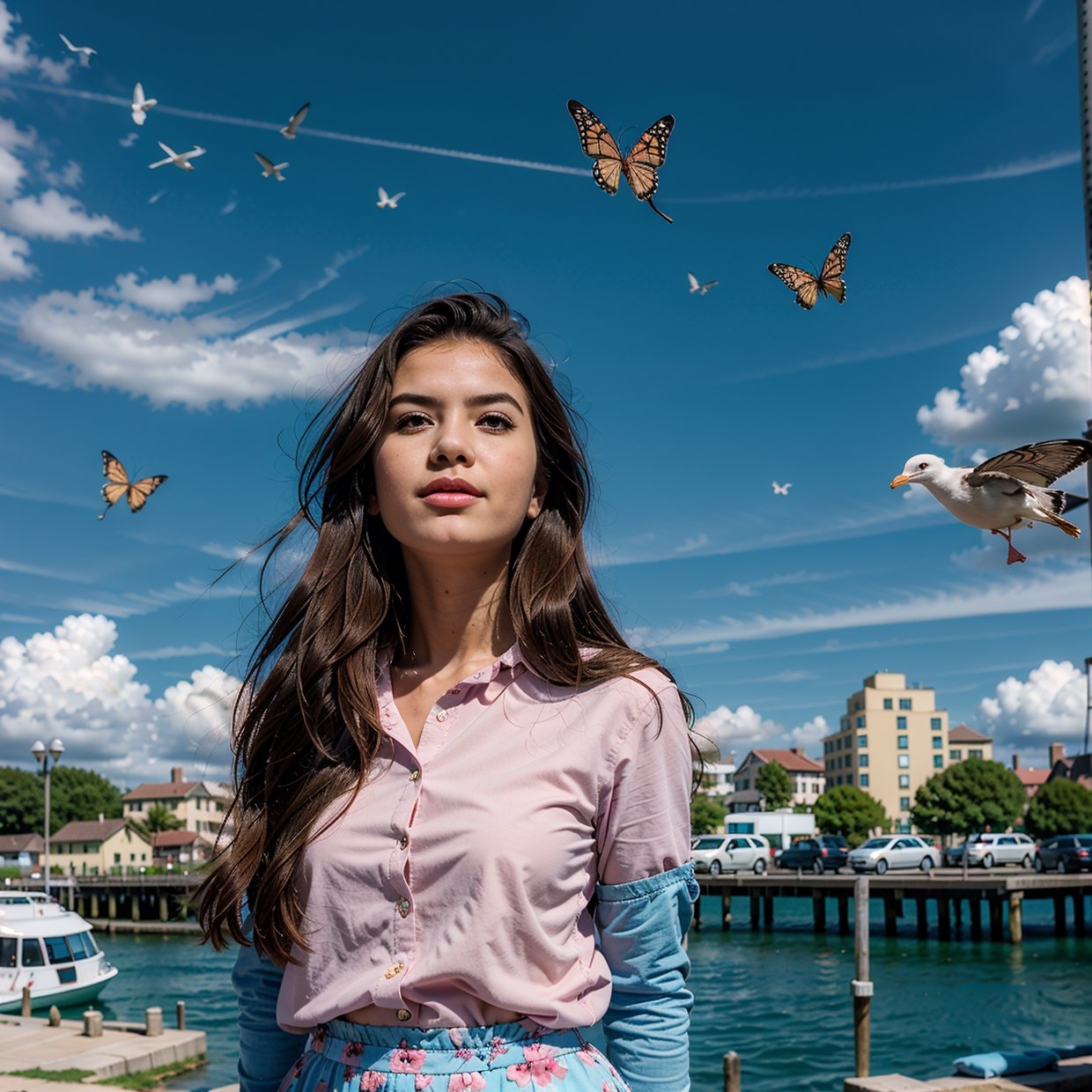 masterpiece, best quality, 1girl, bird, seagull, sky, cloud, polka_dot, blue_sky, solo, cloudy_sky, bug, butterfly, day, blush, flock, outdoors, Abigail