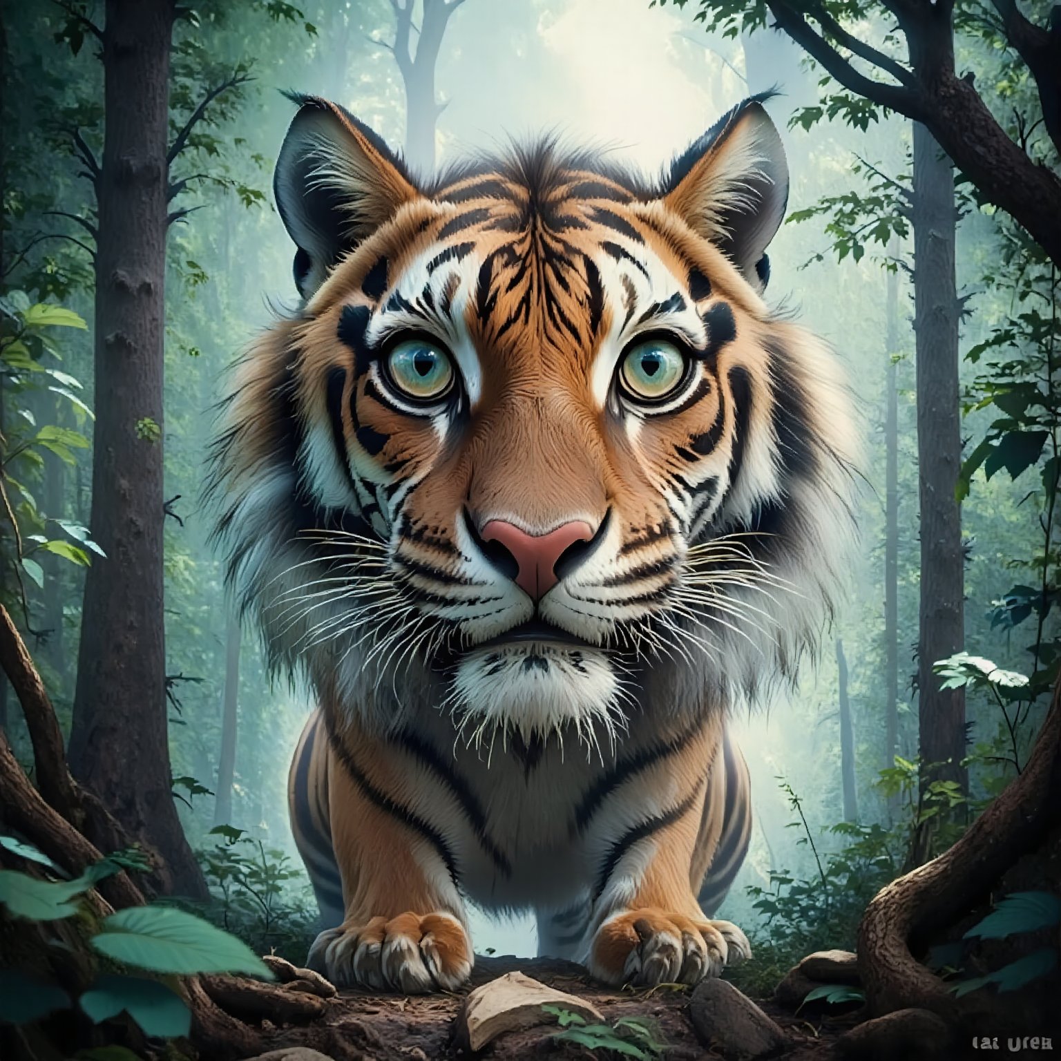 A double exposure photograph of a majestic tiger's face superimposed over a dense forest, with the tiger's piercing eyes and powerful jaws emerging from the misty trees. The forest's foliage is blurred, creating a sense of depth and dimensionality, while the tiger's features are sharp and distinct.