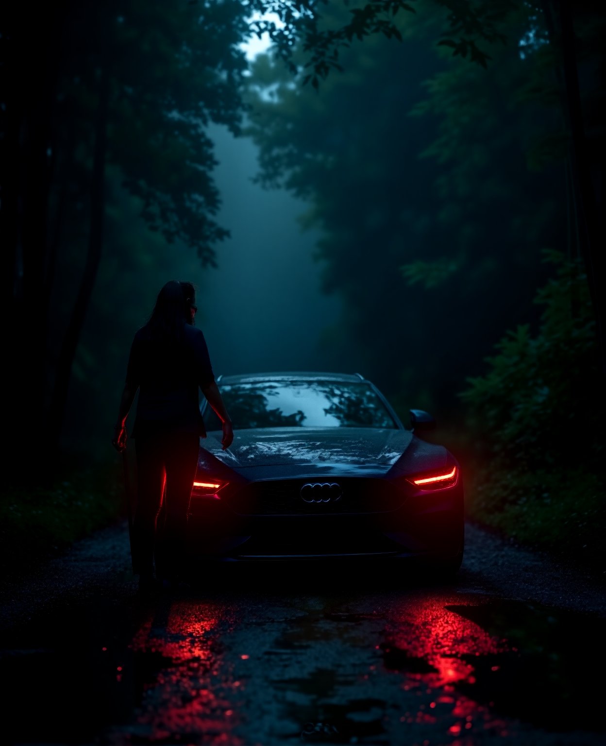 a woman standing next to a parked car in a dark night, reflections of car lights, lonely road in a forest, (best quality,4k,8k,highres,masterpiece:1.2),ultra-detailed,(realistic,photorealistic,photo-realistic:1.37),dramatic lighting,cinematic,moody atmosphere,deep shadows,dramatic contrast,detailed car,detailed woman,detailed forest,detailed road