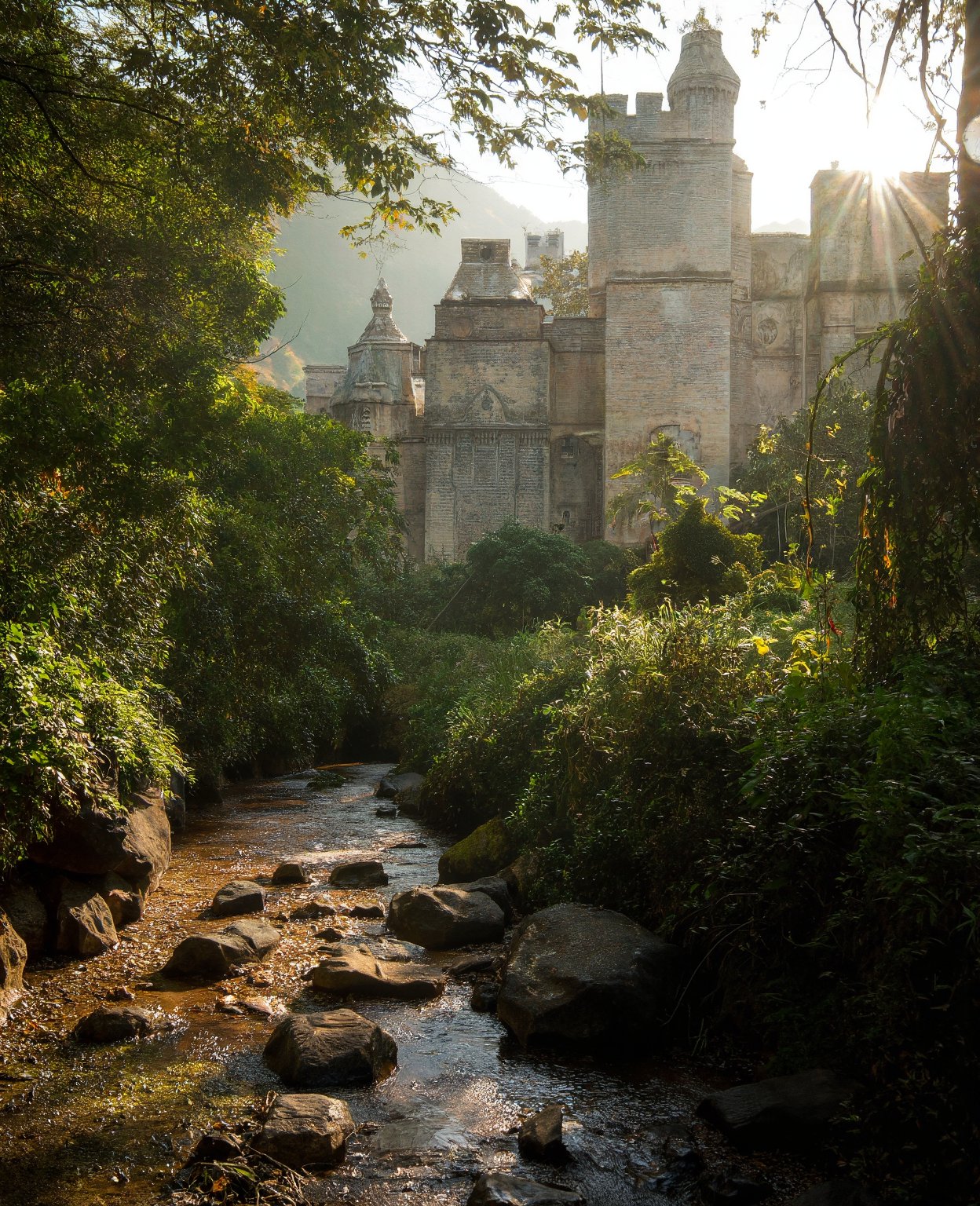 A majestic medieval castle stands tall amidst a serene and tranquil atmosphere, surrounded by a gentle stream meandering through lush guadaua trees. The warm sunlight casts a golden glow on the stone walls and towers, while the rustling leaves of the guadas create a soothing melody.