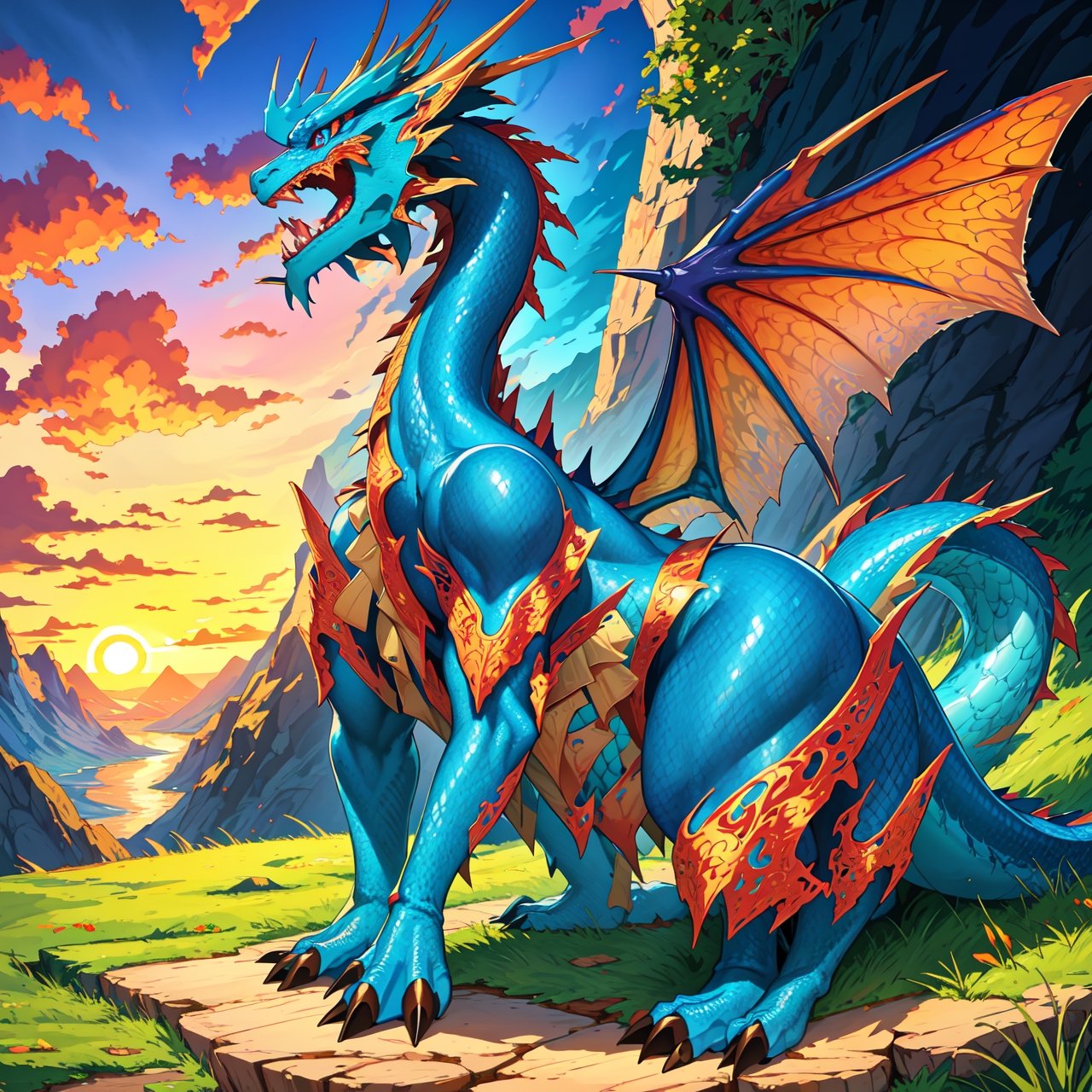 a detailed illustration of a blue dragon, with intricate scales and mesmerizing eyes, soaring through a fantasy landscape with majestic mountains and cascading waterfalls, surrounded by wisps of ethereal clouds and a vibrant sunset sky. (best quality,4k,8k,highres,masterpiece:1.2),ultra-detailed,realistic,photorealistic:1.37, with vibrant colors and dramatic lighting.,dragonyear