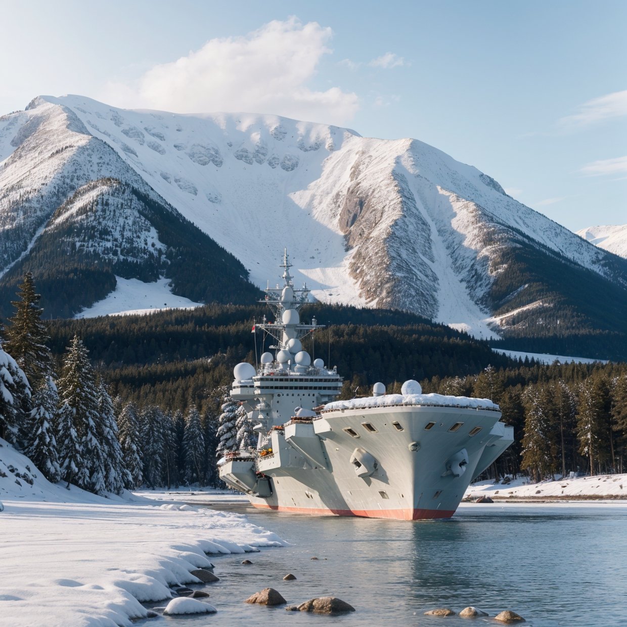 summer first snow sinking broken aircraft carrier on the shore of the bay coniferous forest snowy peaks many small details filigree professional photo HDR hyper detail realistic CGI high resolution quality precision clarity sharpness natural f/16 1/250s also 100mm К
