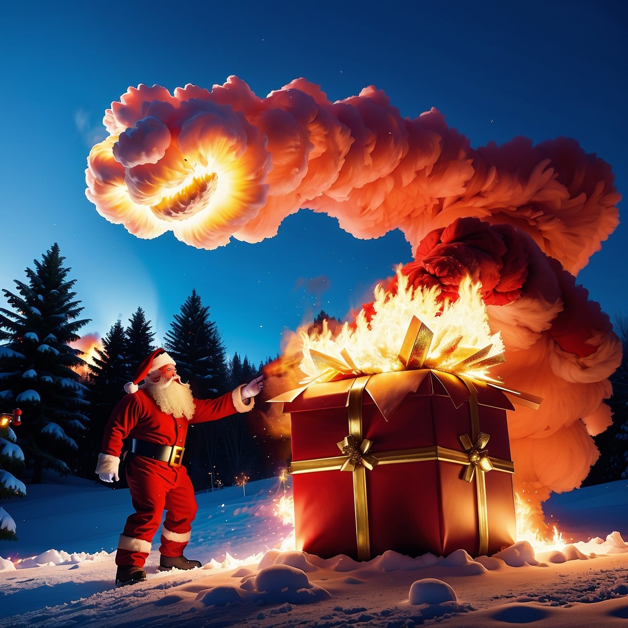 (furious Santa Claus burning a pile of gifts outside the house with a winter background),fire,destruction,angry expression,thick smoke,flames,red suit,white beard,sparkling sparks,blizzard,snow-covered ground,icy trees,chaotic scene,powerful motion,cold and windy atmosphere,dramatic lighting,emotionally charged,highly detailed,high contrast,realistic,concept art,harsh winter colors,strong visual impact  