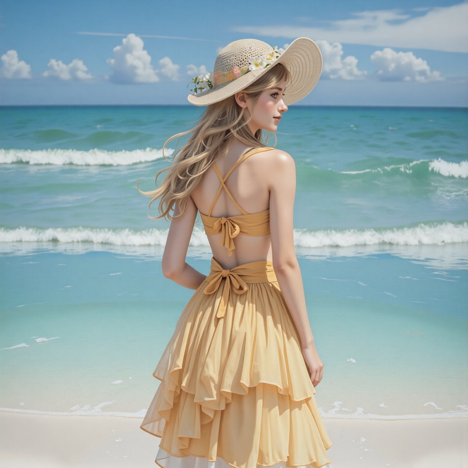 1girl in beach , skirt, shirt, hat