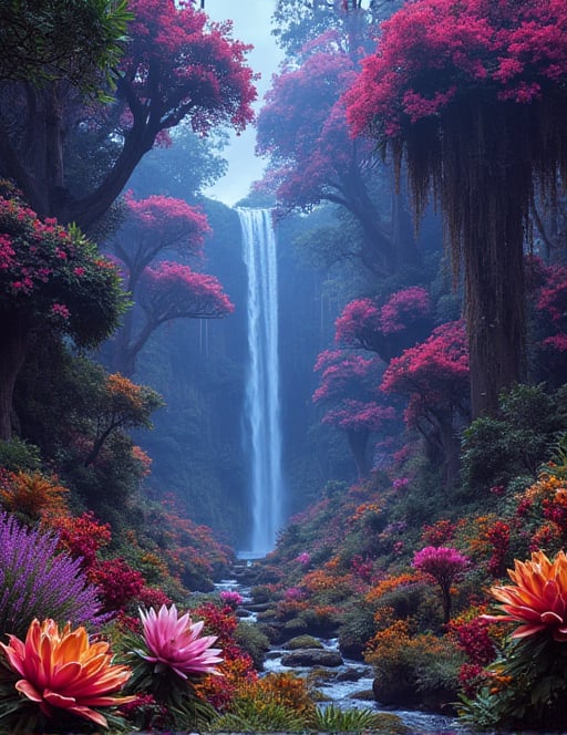 magical planet where everything is vibrant and full of colors where bright trees and flowers