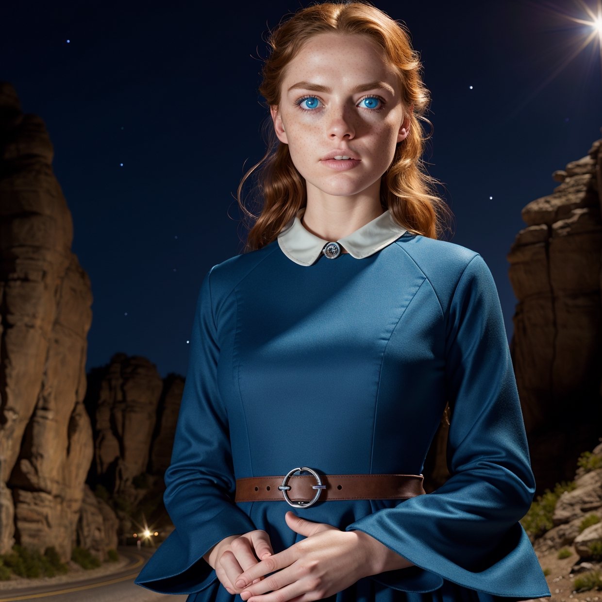 stars, standard, freckled face, automatic white balance, intersting lights and shadows, hyperdetailed, meditation, clamps, high quality photo, witches, (photorealistic:1.4), blue eyes, ((masterpiece)), pinafore dress, antagonist, road, rocks, ultra detailed eyes, overhaul,