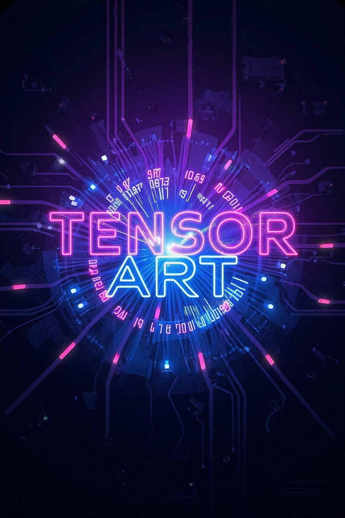 Vibrant digital logo featuring a stylized 'TENSOR  ART' in bold, neon-like letters with swirling tensor-inspired patterns in the background. The text is set against a dark blue-purple gradient, with glowing white highlights that resemble circuit board components. In the center, a mesmerizing vortex of 1s and 0s appears to pulse with energy.