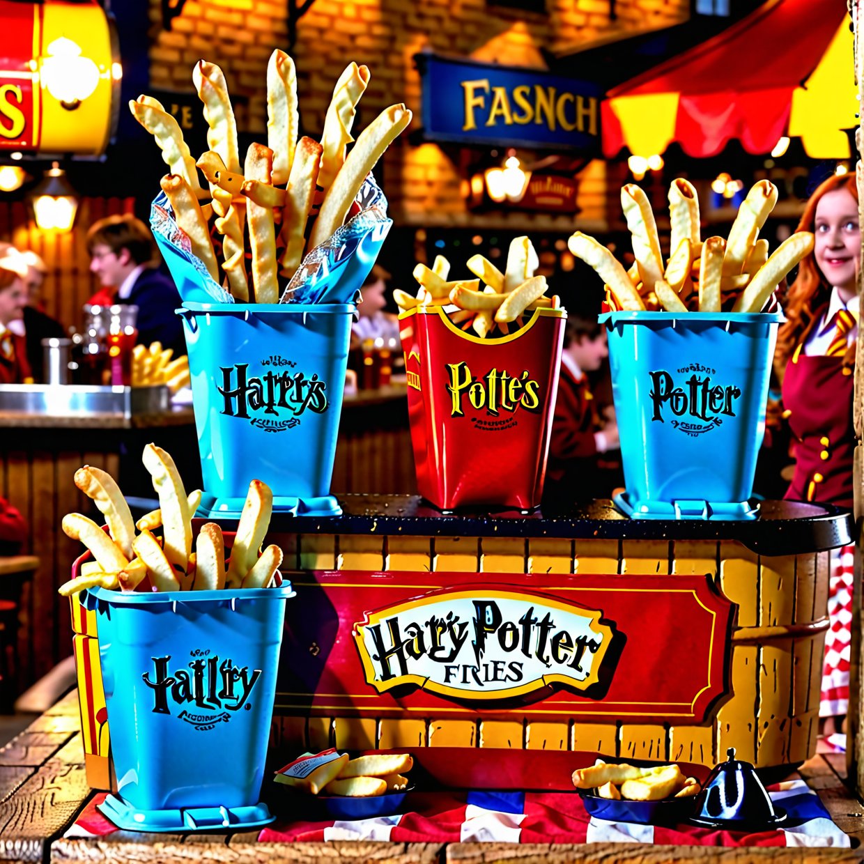 [(transparent background: 1.5)::5],(((masterpiece))),(((best quality))),(((extremely detailed))),illustration, mysterious,vivid color, shiny , (impressionism: 1.4), Pret A Manger, French Fries, Family Barrel, Fish and Chips, (snack bar), (food stand), london, harry potter, Harry Potter, wizarding world, eatery, cuisine, food service, typography, type design, magical style, mystical font,