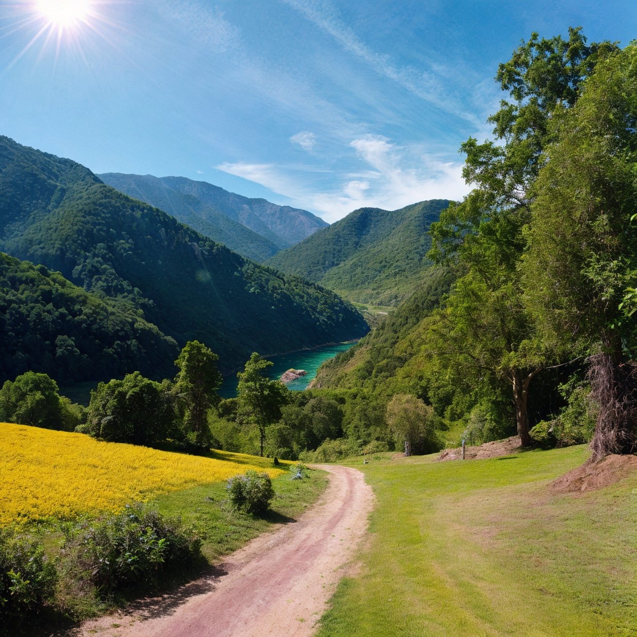 a serene watercolor landscape, rolling hills, lush green meadows, a flowing river, majestic mountains in the distance, wispy clouds in a bright blue sky, sunlight filtering through the trees, vibrant colors, soft brushstrokes, tranquil atmosphere, beautiful natural scenery, highly detailed, photorealistic, 8k, masterpiece