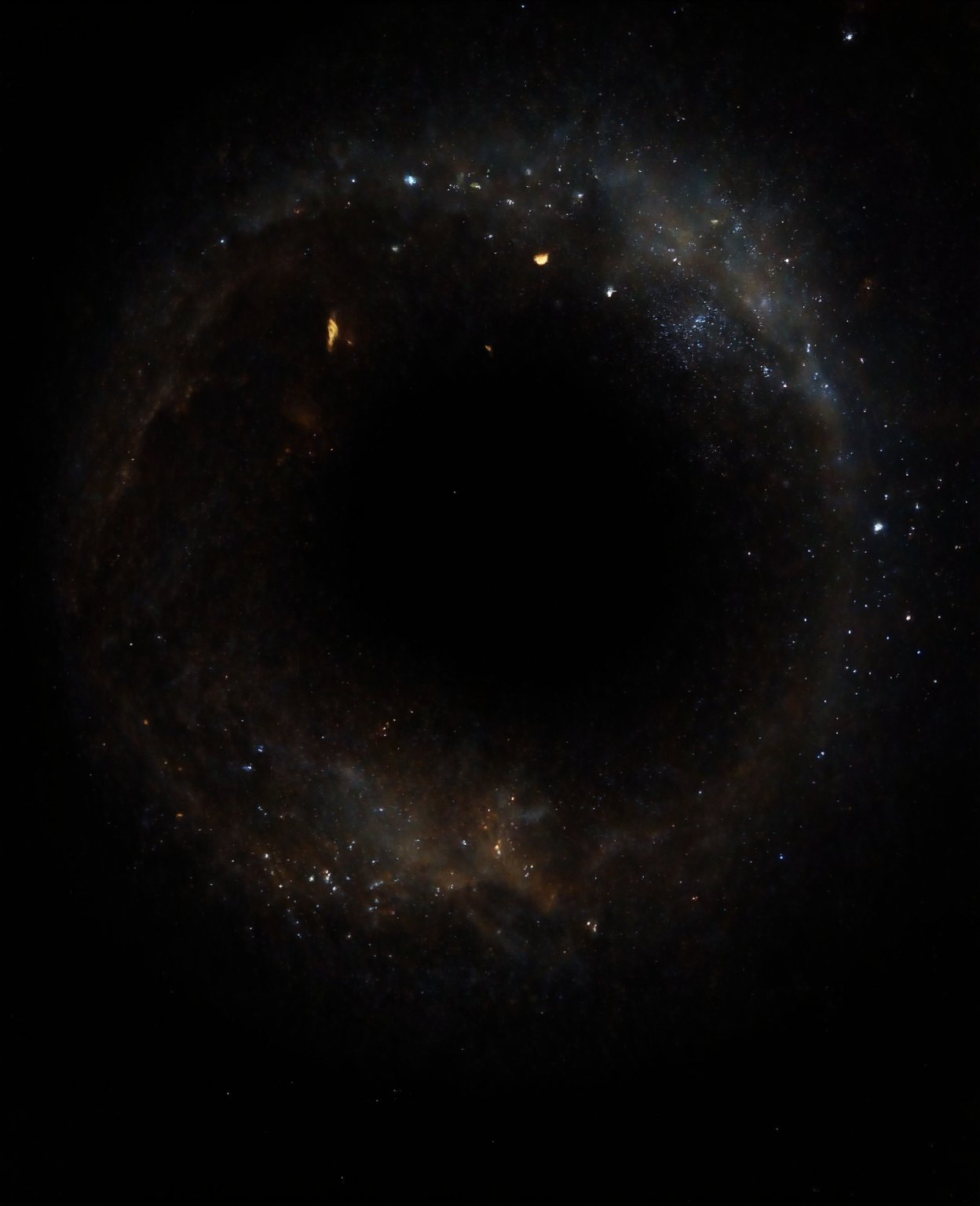 A cosmic phenomenon unfolds in a darkened studio: 'Black Hole'. The camera frames a swirling vortex of inky darkness, surrounded by a halo of faint, starry light. In the center, a massive void yawns open, its edges rippling with gravity's distortions. A few scattered stars and debris swirl around it, illuminated by an unseen source.