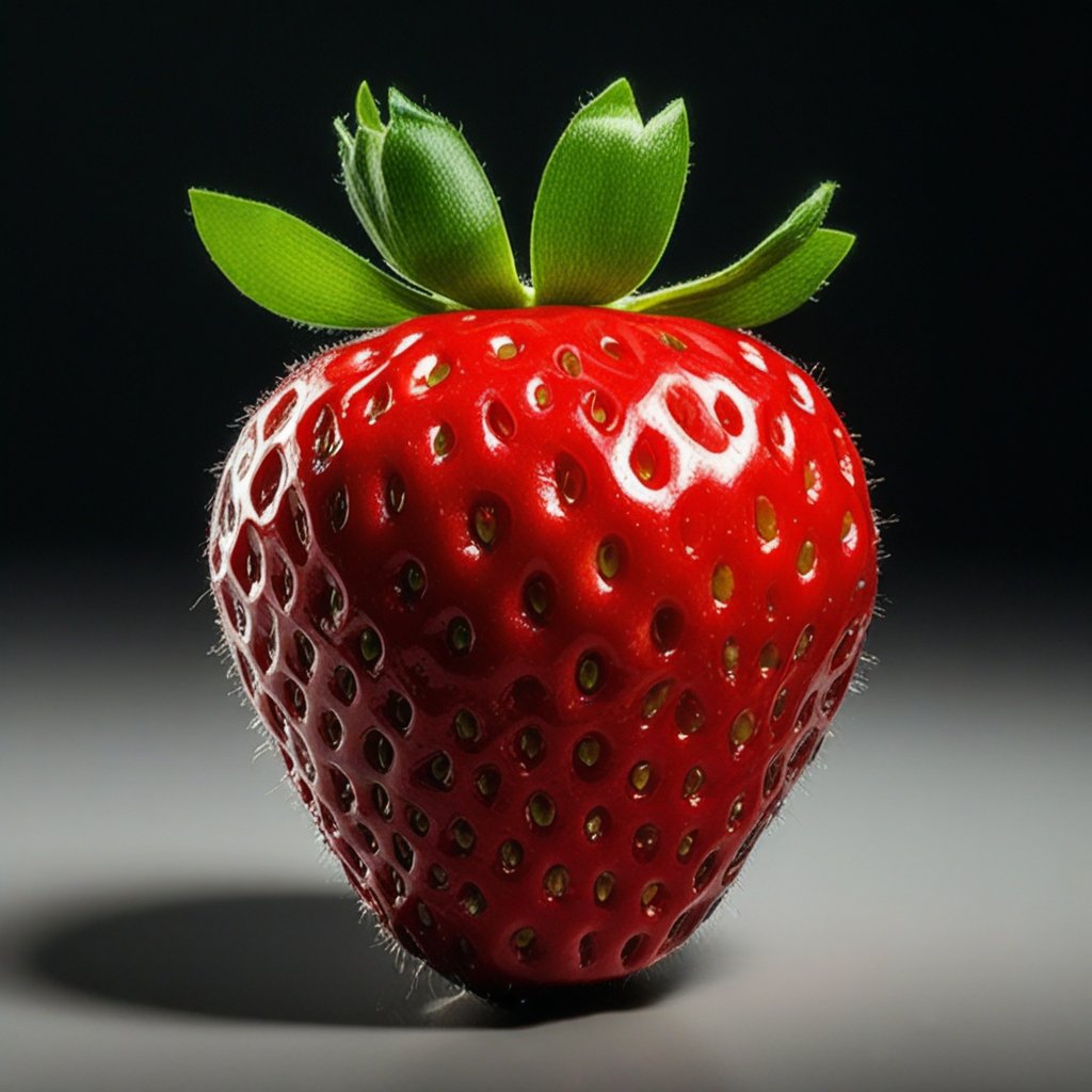 a strawberry, photorealistic, ultra-detailed, 8k, hyperrealistic, extremely detailed, intricate details, vibrant colors, glossy surface, lush green leaves, natural lighting, close-up view, studio lighting, flawless texture, high resolution, 3D render, crisp focus, beautiful gradient, seamless blend, natural shadows, depth of field