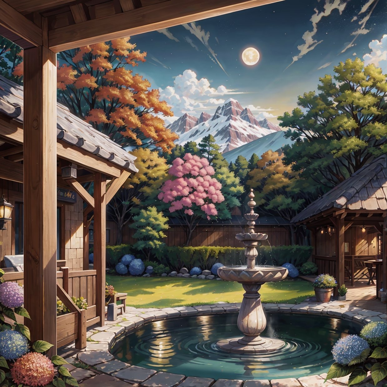 masterpiece, best quality, high quality, extremely detailed CG 8k wallpaper unit, scenery, outdoor, establishment, medieval tavern, autumn sky, autumn dusk, autumn-winter, overcast sky, big moon shining, award-winning photography, Depth of Field, HDR, flowers, water fountain, hydrangea, Photorealistic, extremely detailed, intricate, high detail, dramatic, art in the middle of the journey, trend in artstation, trend in CGsociety, chromatic aberration.