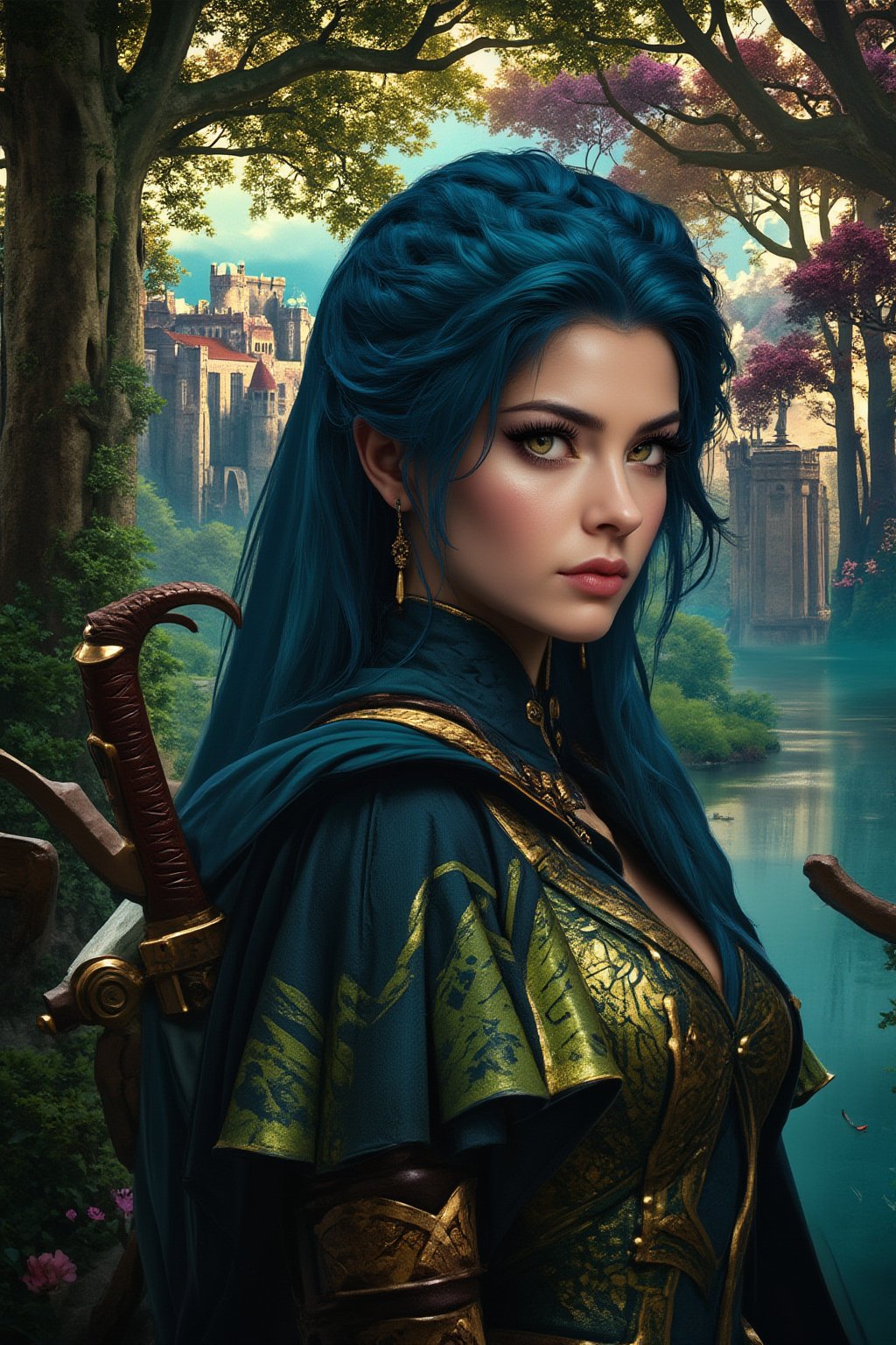 A fantasy landscape, detailed forest with lush foliage, epic castle in the distance, beautiful detailed eyes, beautiful detailed lips, extremely detailed face and features, long eyelashes, medieval fantasy outfit, sword and shield, dramatic lighting, cinematic composition, vibrant colors, digital art, concept art style, (best quality,4k,8k,highres,masterpiece:1.2),ultra-detailed,(realistic,photorealistic,photo-realistic:1.37)