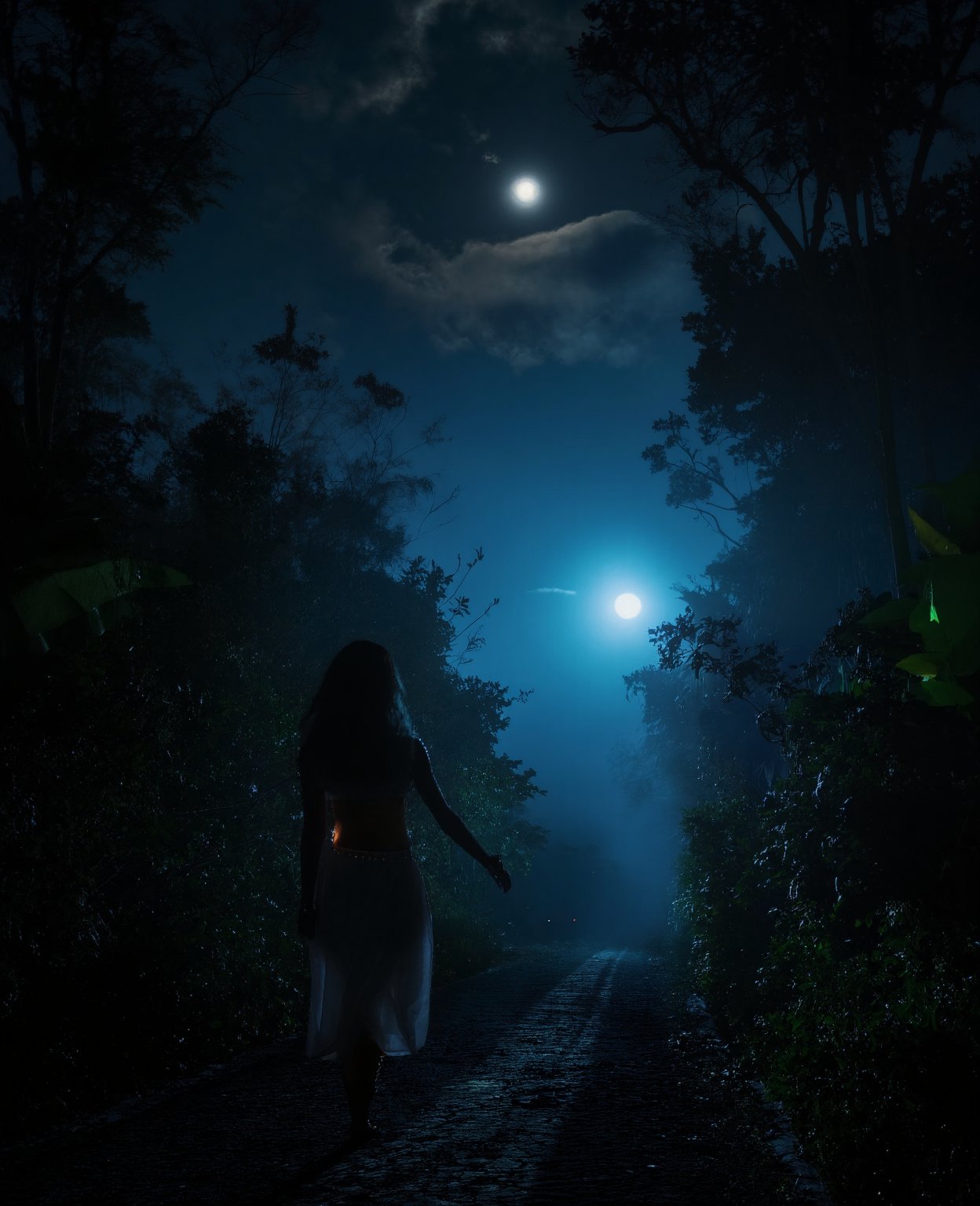 A mystical scene unfolds: a lone girl stands at the edge of a dense jungle, where vines and leaves seem to writhe like snakes. Before her lies a moonlit road, vanishing into darkness. She wears a shimmering skirt that flows like the stars above, paired with a daring crop top that catches the faint light. The air is heavy with tropical scents as she poses, one foot forward, her profile bathed in an ethereal glow.