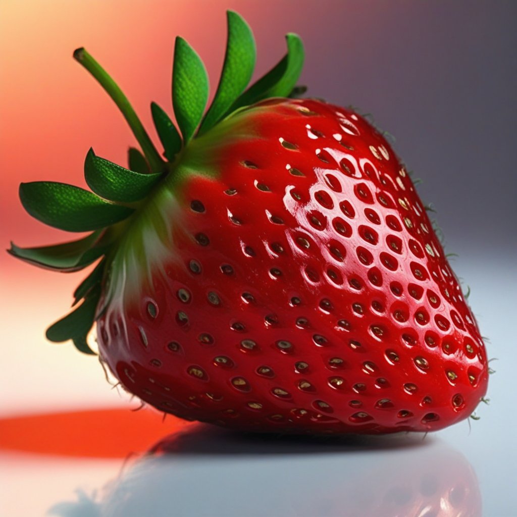 a strawberry, photorealistic, ultra-detailed, 8k, hyperrealistic, extremely detailed, intricate details, vibrant colors, glossy surface, lush green leaves, natural lighting, close-up view, studio lighting, flawless texture, high resolution, 3D render, crisp focus, beautiful gradient, seamless blend, natural shadows, depth of field