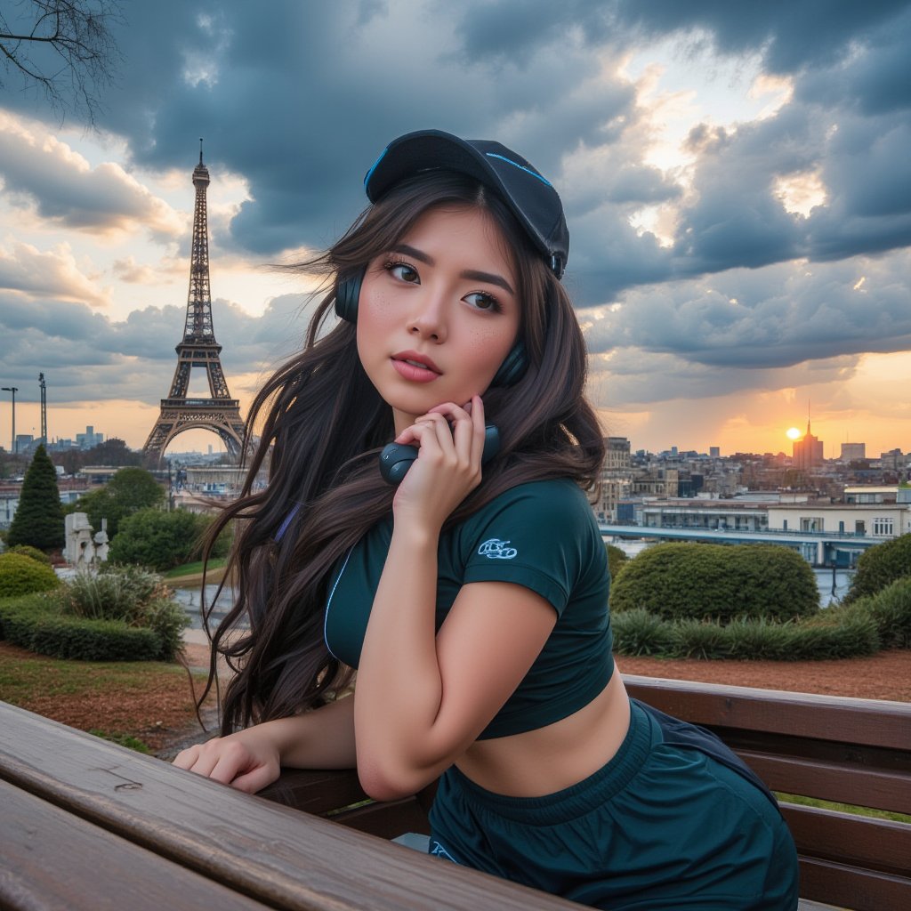 Master piece, generate image of a Girl with headphones, cap, dreamy expression, sitting a bench in the gardens of the Eiffel tower, training wear, t-shirt and sport shorts, (ultra detailed perfect piece:1.2), illustration, masterpiece, (extremely detailed CG 8k), (very fine 8K CG), (1girl:1.2), (dark hair), long hair, wavy hair, hair over one eye, sparkling, light blue eyes, looking at side,