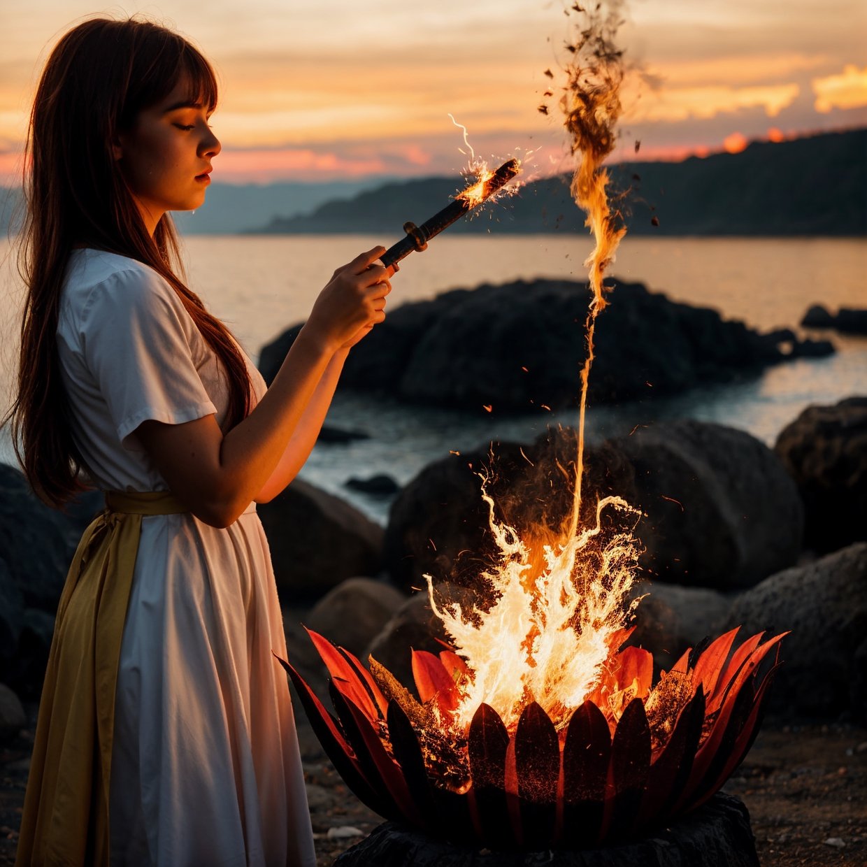 1girl, bangs, breathing fire, burning, burnt clothes, embers, ahoge, beige hair, multicolored hair, fire, flame, flaming sword, (hand on hilt), standing, long hair, pyrokinesis, expressionless, smoke, flower(symbol), solo, sparks, sunset, twilight, white flower, molten rock, lily (flower), fiery flower, depth of field, burning ,