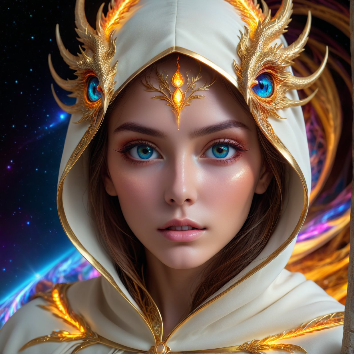 (masterpiece, top quality, best quality, official art, beautiful and aesthetic:1.2), (1girl), extreme detailed eyes, (fractal art:1.3), colorful, highest detailed, (perfect face), shiny skin, HDR, (white cloak golden lines:1.2), galaxy, (light streaks), striking visuals, (dynamic streaks, luminous trails:1.2), vibrant colors, (phoenix), (dragon)