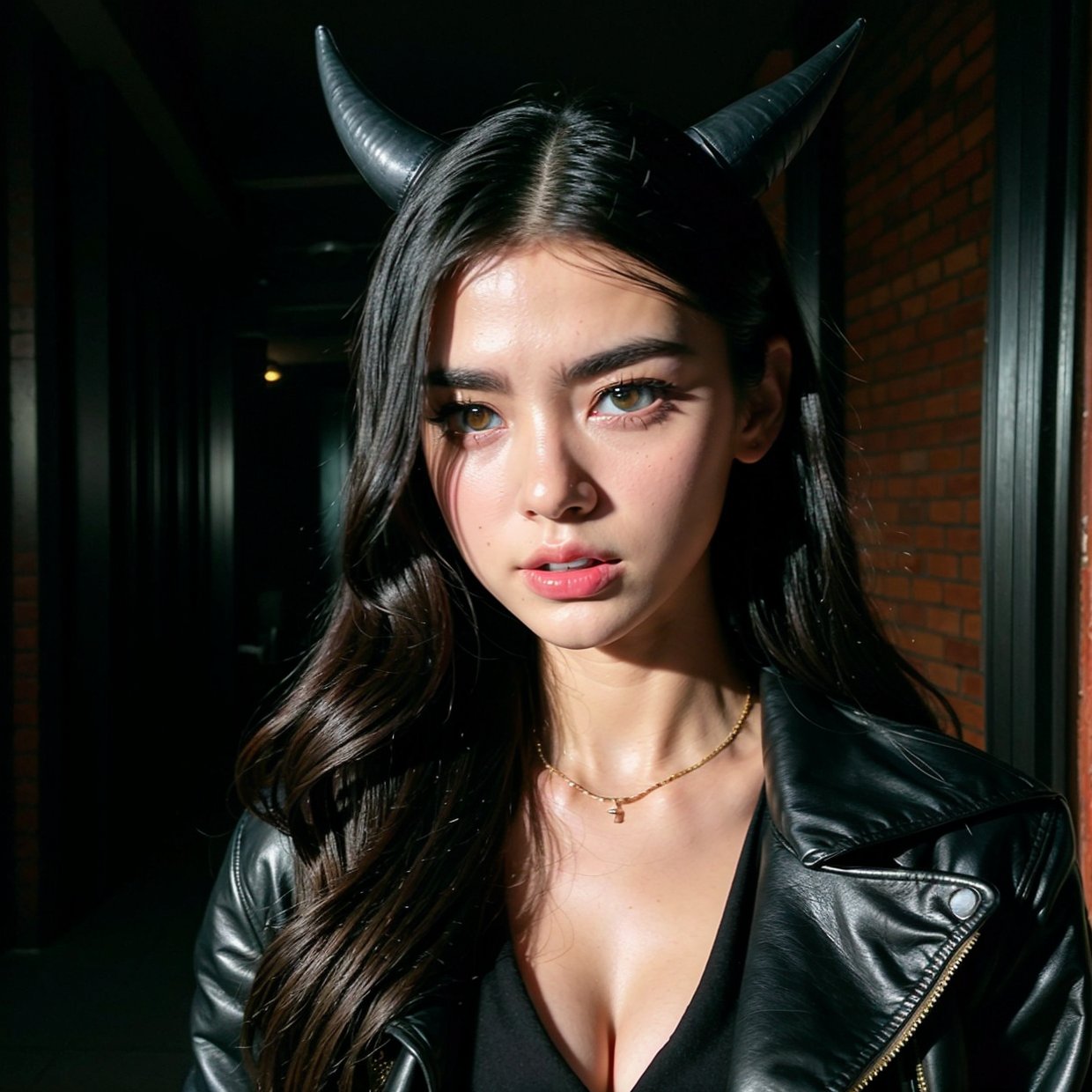 a mean girl, demon horns, black eyes, sharp fangs, sinister expression, dark makeup, black leather jacket, ripped jeans, standing in a dark alley, (best quality,4k,8k,highres,masterpiece:1.2),ultra-detailed,(realistic,photorealistic,photo-realistic:1.37),unreal engine, dramatic lighting, cinematic, dark moody atmosphere, deep shadows, glowing eyes