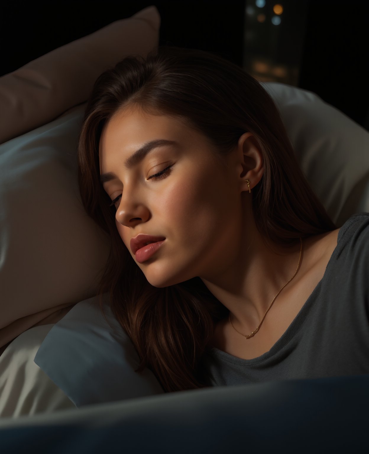 A young woman sleeping peacefully in her cozy bed at night, the soft glow of the moonlight casting a warm ambiance on her peaceful face and serene expression.