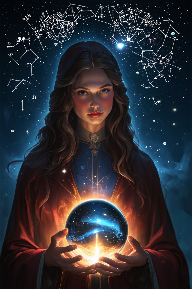 astrologer, starry night sky, planetary constellations, crystal ball, ancient astronomy, mystical symbols, horoscope, zodiac, divination, cosmic energy, ethereal glow, celestial magic, intricate details, imaginative composition, cinematic lighting, dramatic atmosphere, fantasy art, deep color palette, mesmerizing digital art