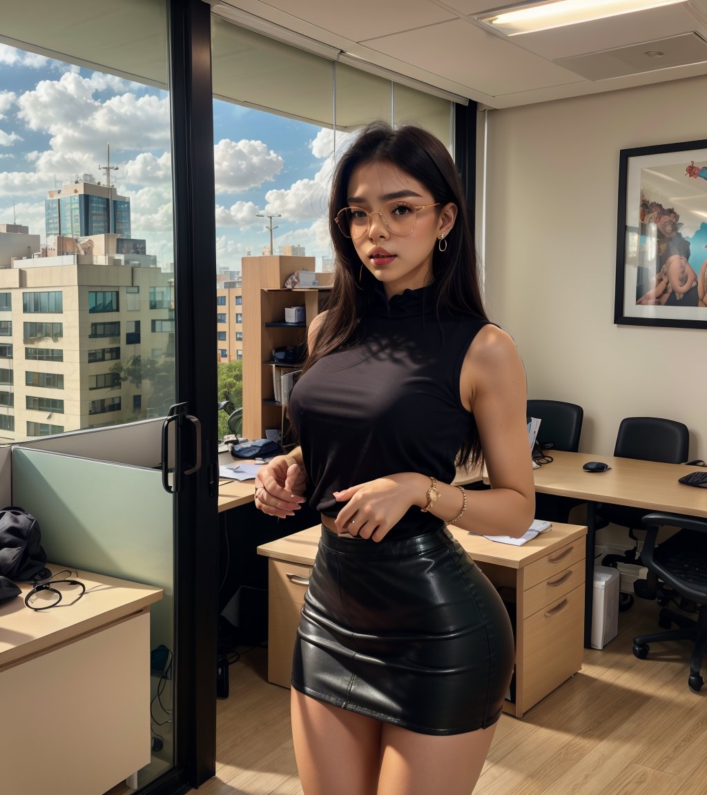 blouse,  lifting_skirt,burlywood_body, earrings, sunglasses,office,masterpiece, 8k photograph, instagram style, photo, male_pov, teasing,risky