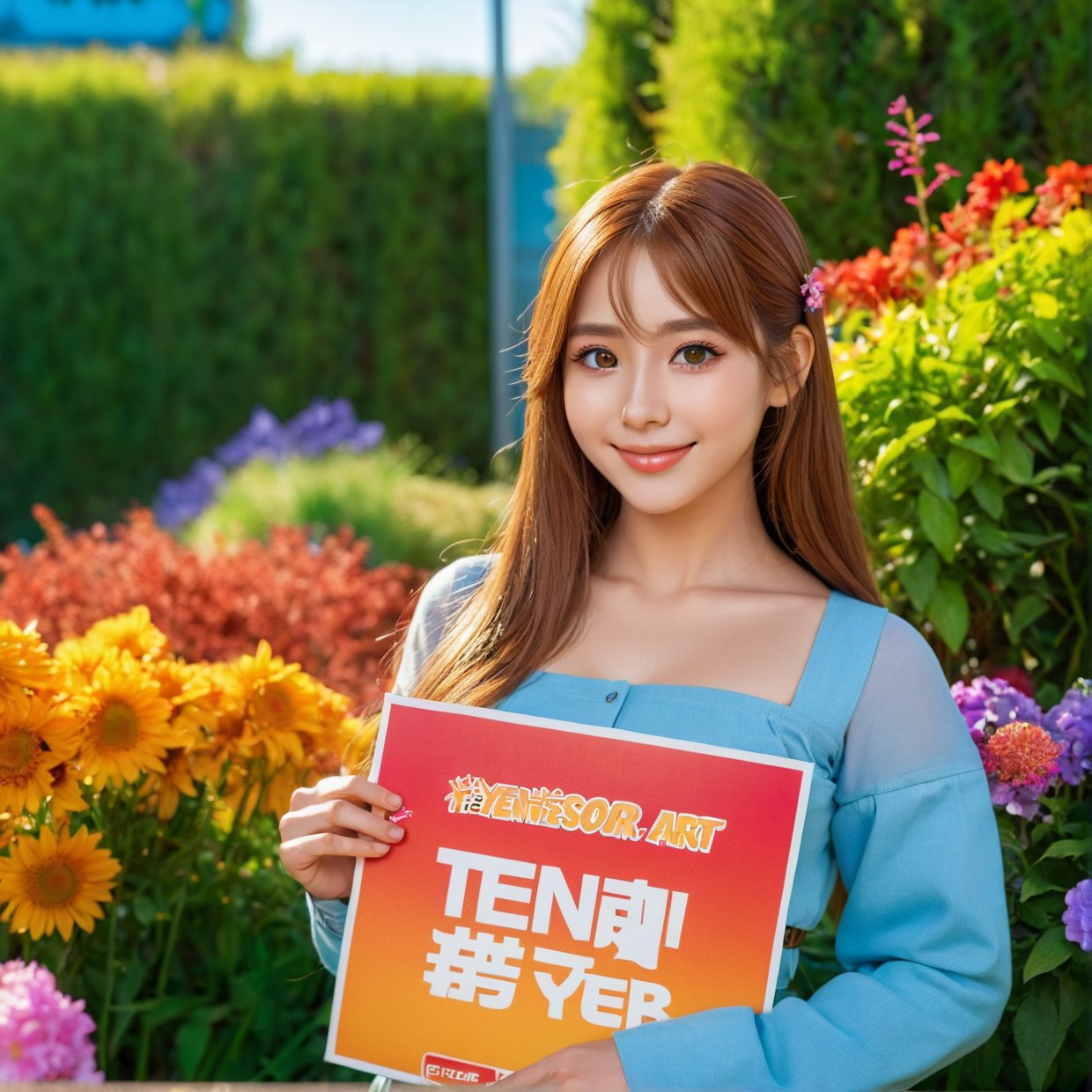 A anime girl holding a sign that says "1 year tensor art", detailed portrait, beautiful woman, looking at camera, smiling face, detailed facial features, detailed eyes, detailed nose, detailed lips, long hair, outdoor scene, sunlight, garden, flowers, colorful, vibrant, photorealistic, 8k, high resolution, masterpiece