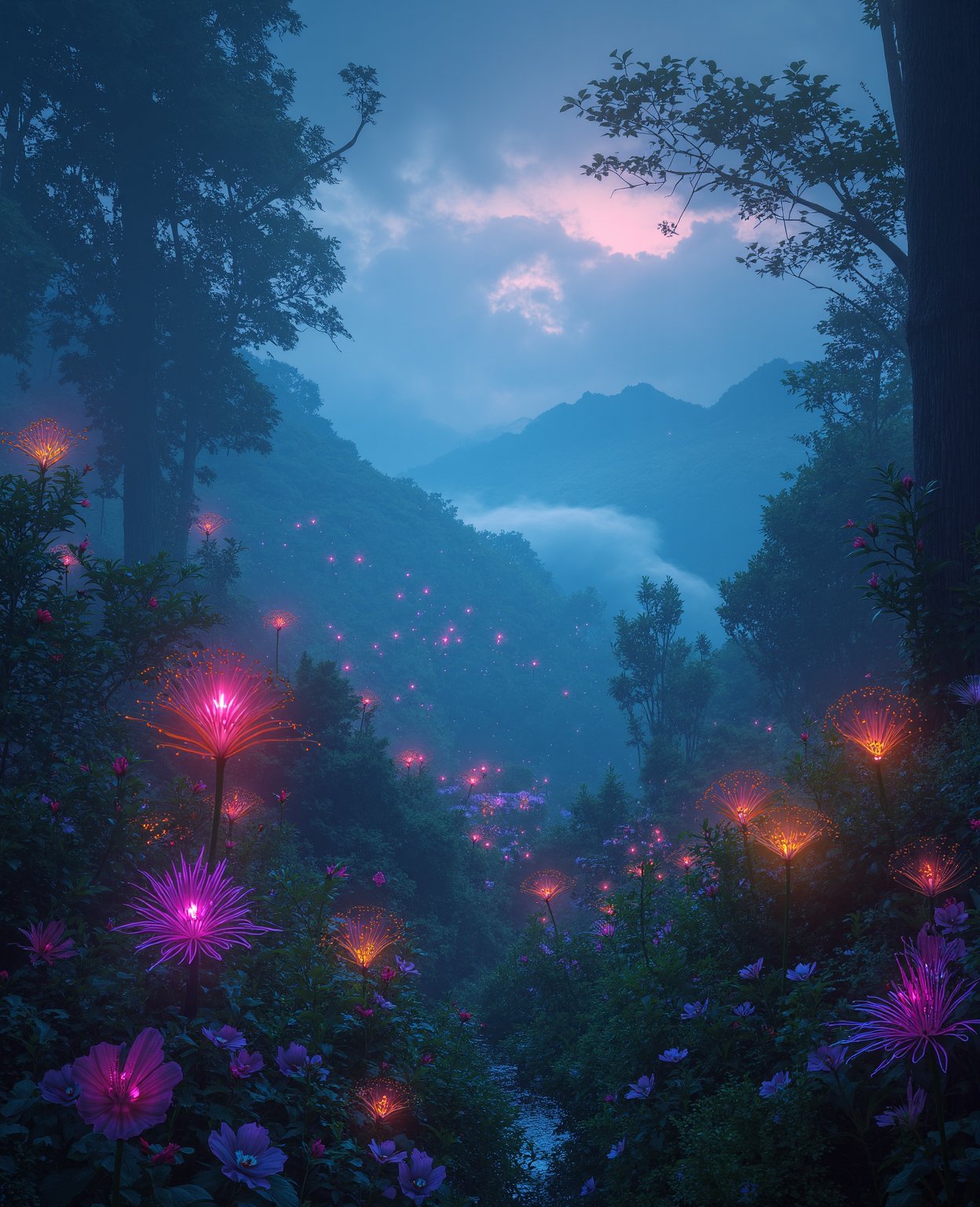 a surreal fantasy landscape, lush rolling hills, vibrant colorful flowers, mystical glowing mushrooms, ethereal mist, dreamlike atmosphere, (best quality,4k,8k,highres,masterpiece:1.2),ultra-detailed,(realistic,photorealistic,photo-realistic:1.37),concept art, cinematic lighting, dramatic shadows, vivid colors, surreal, fantastical