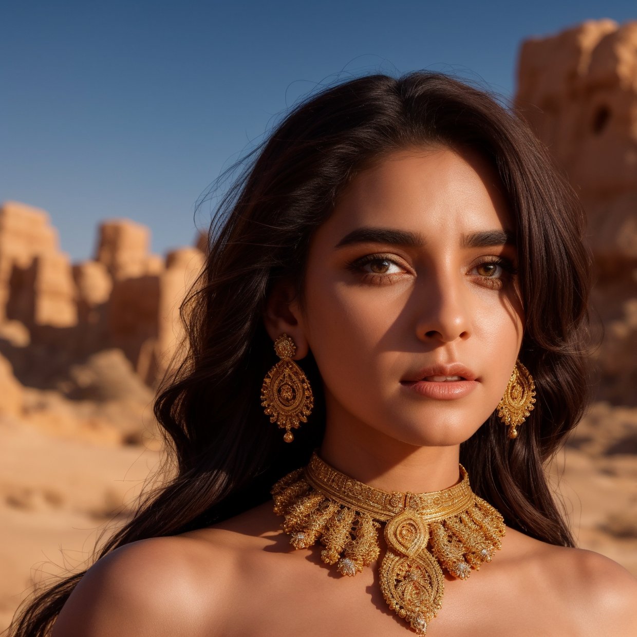 a beautiful desert princess, intricate detailed face, piercing eyes, flowing hair, delicate gold jewelry, ornate desert dress, desert landscape background, golden hour lighting, cinematic atmosphere, dramatic lighting, vibrant colors, highly detailed, 8k, photorealistic, digital art, concept art

