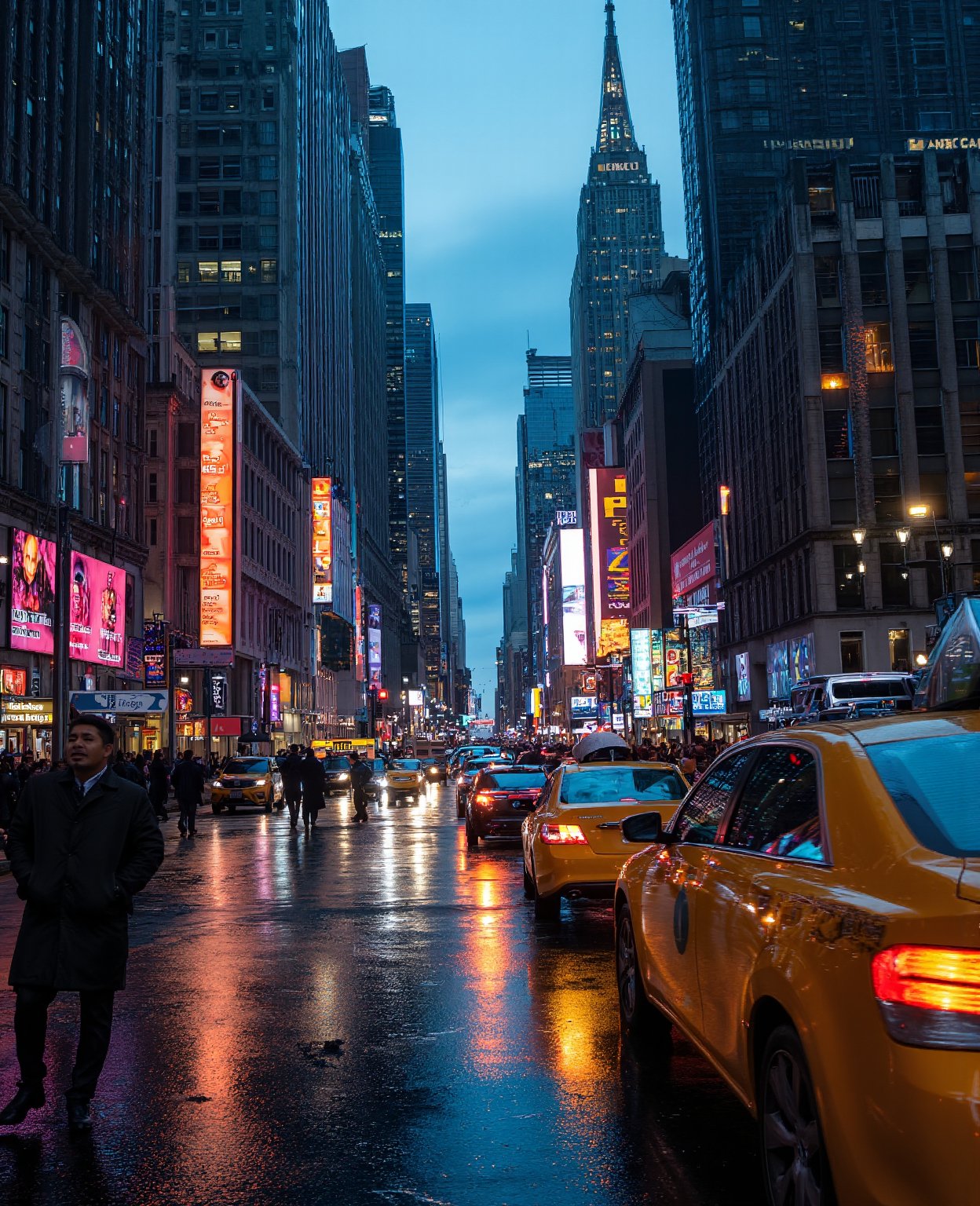 A cityscape at dusk: a sprawling metropolis with towering skyscrapers and bustling streets. Neon lights reflect off wet pavement, casting a gaudy glow. A yellow taxi cab speeds by, its headlights shining like tiny suns. In the distance, the iconic city skyline rises, a majestic silhouette against the deep blue evening sky.