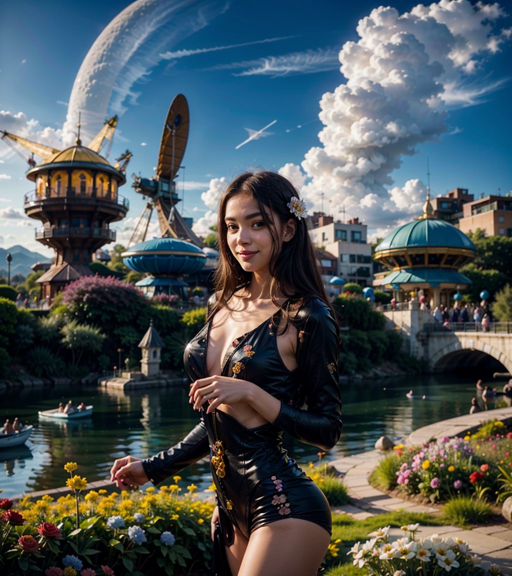 A curious girl with a bouquet of vibrant flowers stands amidst a fantastical landscape inspired by Wonderland's whimsy. In the background, a glowing alien cityscape stretches towards the sky, illuminated by an ethereal blue light. The girl's bright smile and outstretched arms seem to welcome the extraterrestrial visitors, as if showcasing her own little patch of wonder in this surreal science fiction world.