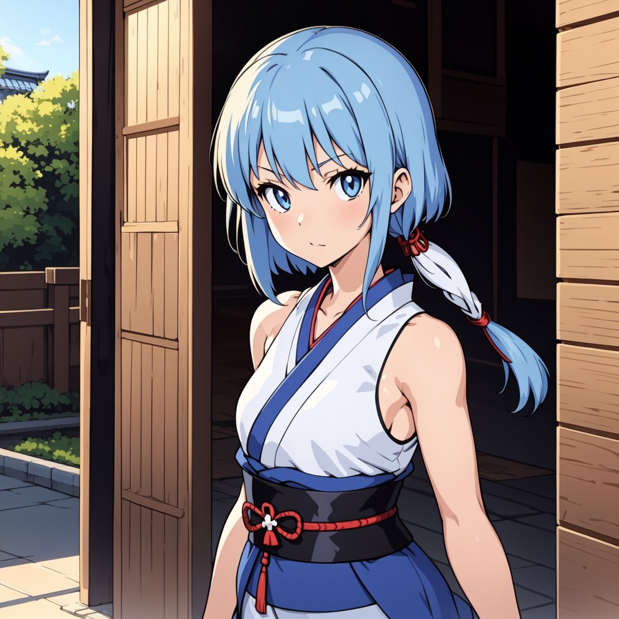 A anime high school girl, wear sexy kimono, short kimono, bare arms, bare back, bare shoulder, walking, long hair, light blue hair, look at viewer, blue eyes