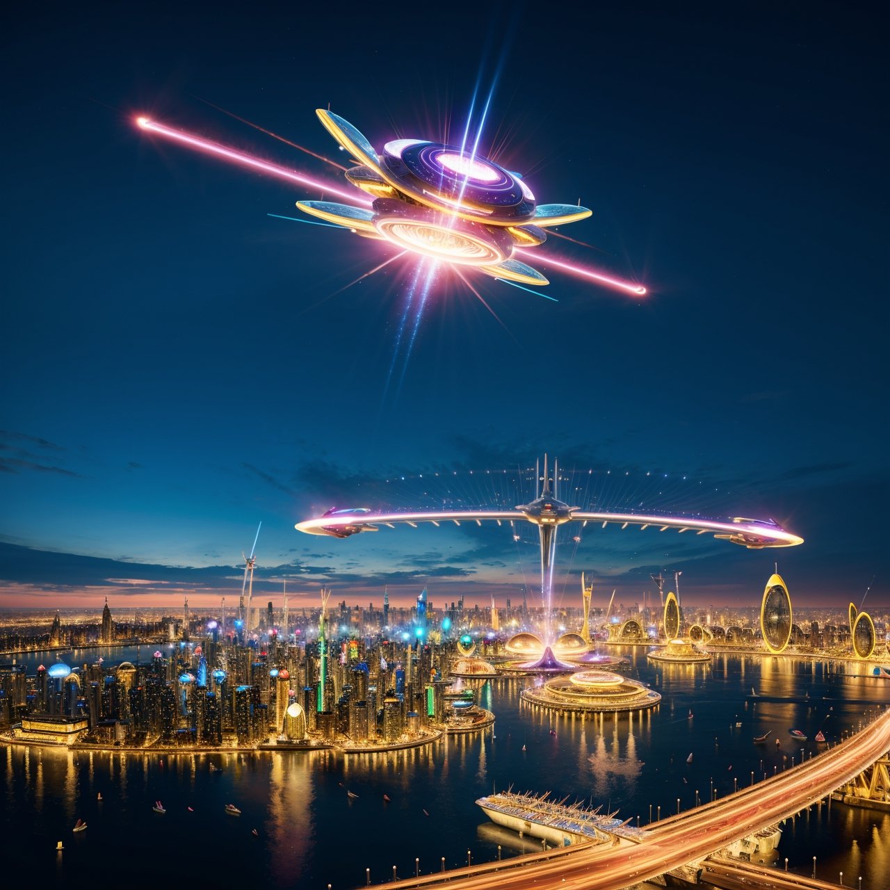 Create futuristic hyperealist works of art, Imagine a floating city in the sky, with complex architectural structures and advanced technology. Paint this futuristic city with a wealth of detail, capturing the bright lights, suspended platforms and flying vehicles that crisscross the skies.