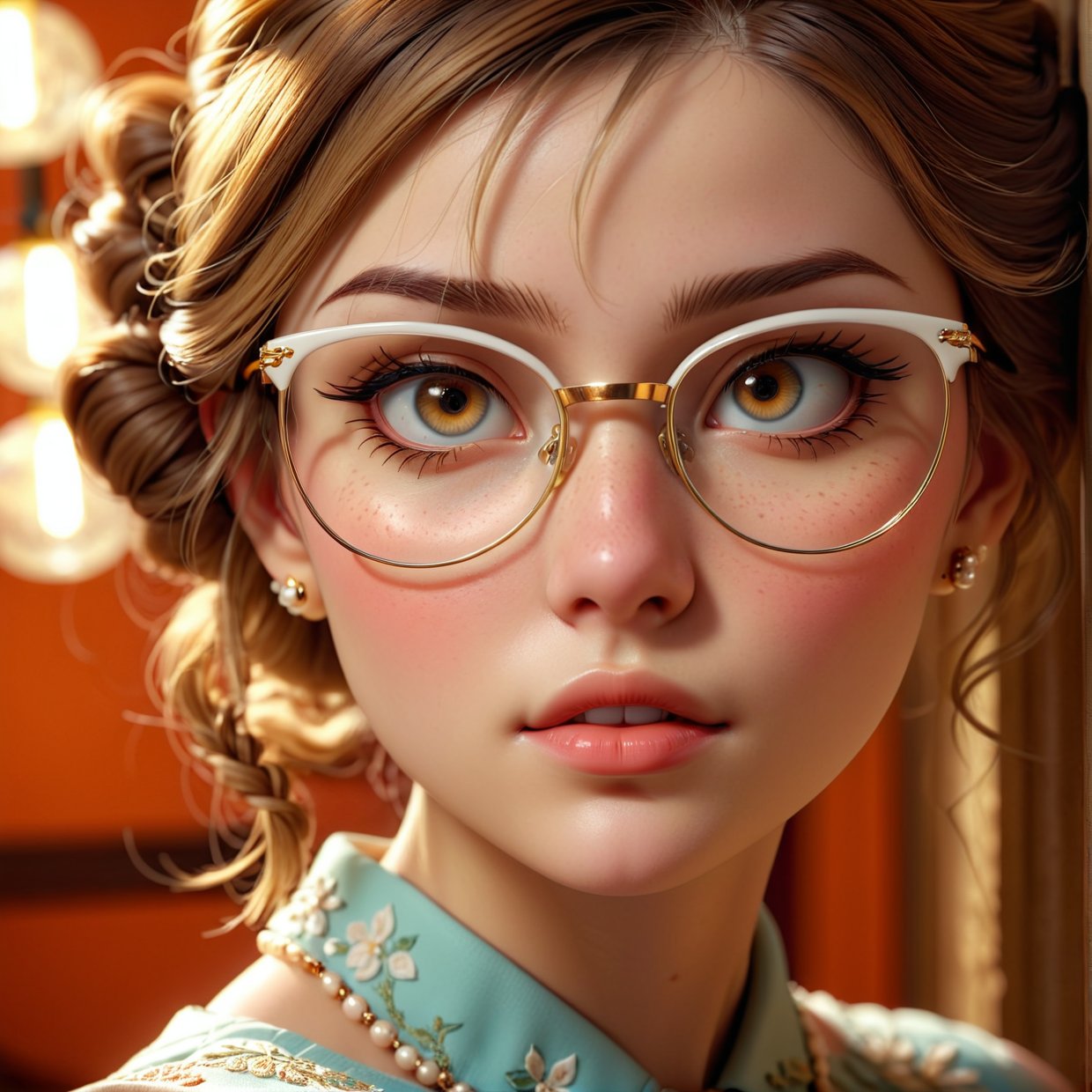 beautiful girl wearing glasses,detailed facial features,long eyelashes,porcelain skin,delicate facial expression,elegant hairstyle,intricate jewelry,detailed clothing,atmospheric lighting,dramatic lighting,cinematic composition,warm color palette,soft focus,digital painting,highly detailed,masterpiece,4k,photorealistic