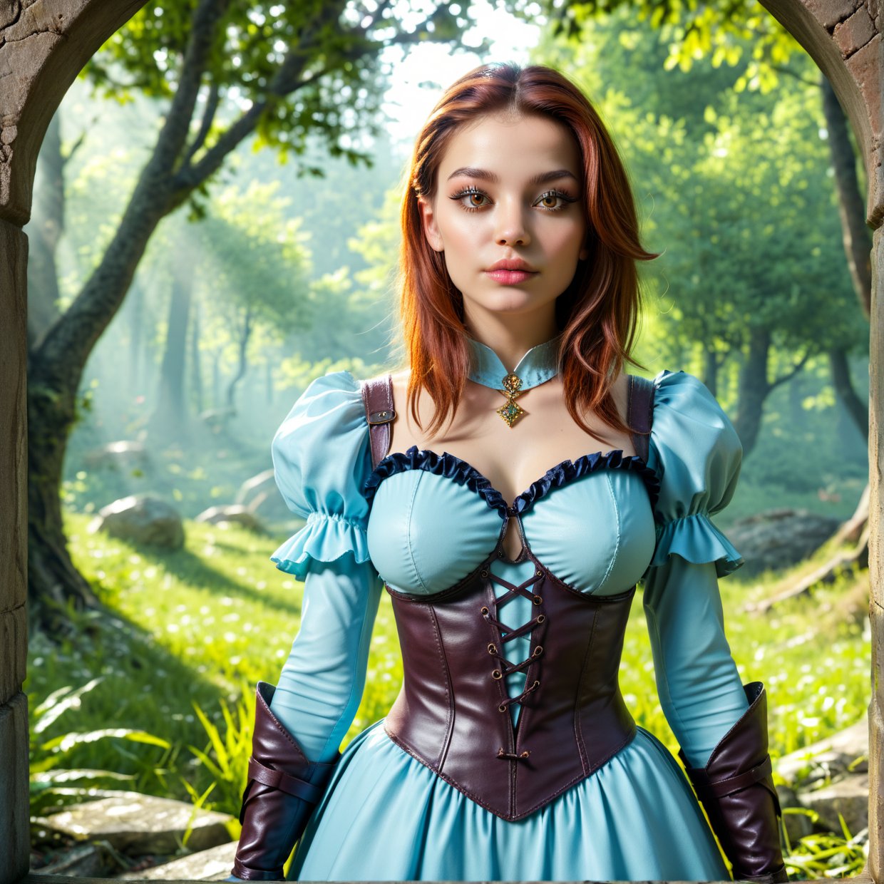 A fantasy landscape, detailed forest with lush foliage, epic castle in the distance, beautiful detailed eyes, beautiful detailed lips, extremely detailed face and features, long eyelashes, medieval fantasy outfit, sword and shield, dramatic lighting, cinematic composition, vibrant colors, digital art, concept art style, (best quality,4k,8k,highres,masterpiece:1.2),ultra-detailed,(realistic,photorealistic,photo-realistic:1.37)