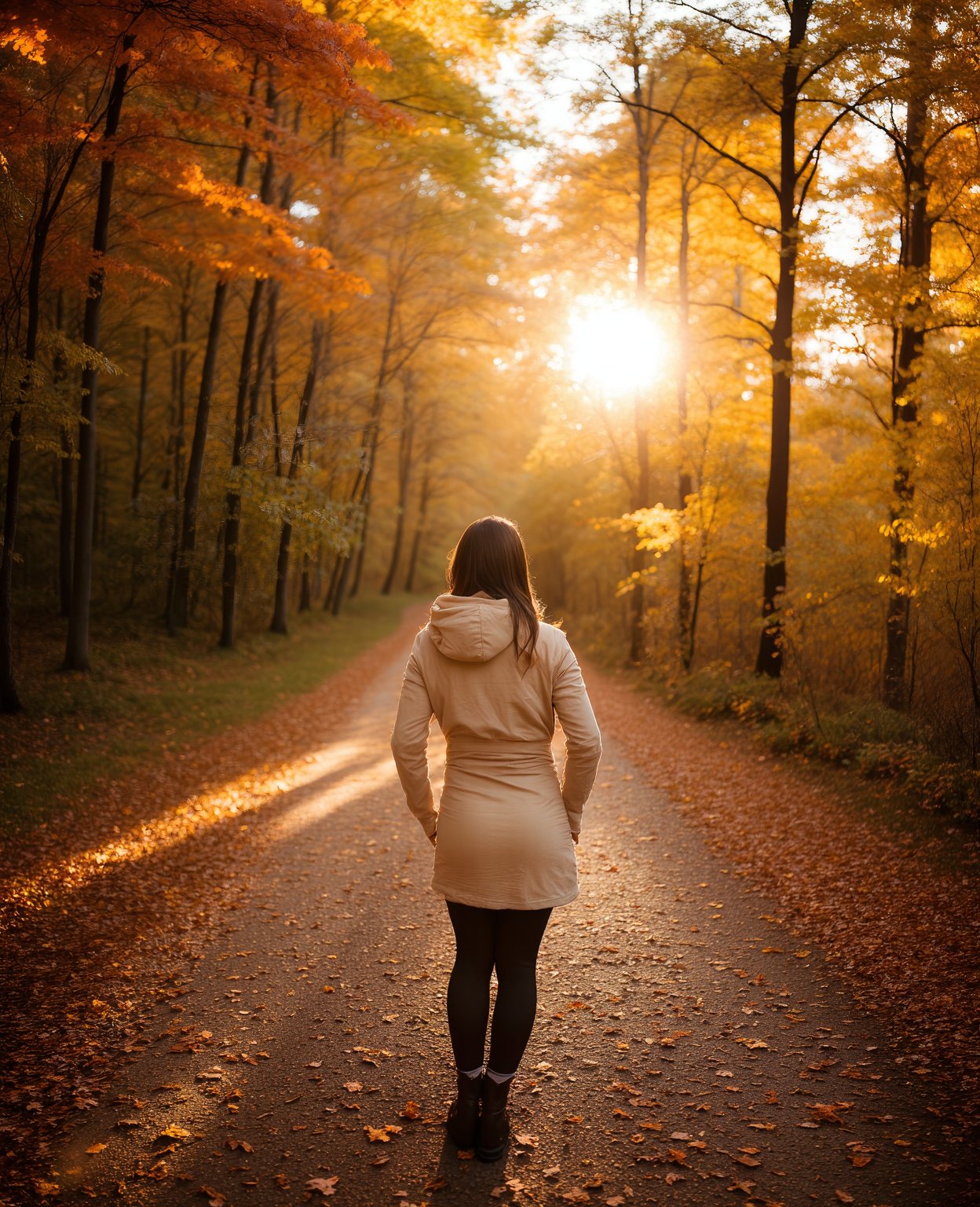 A warm autumn afternoon sun casts a golden glow on a scenic woodland path, where crunchy leaves carpet the ground. A lone figure, dressed in cozy layers, walks slowly, hands shoved deep into pockets, as nature's final dance before winter begins.