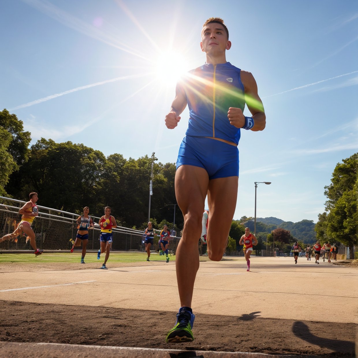 sports photography, athlete, running, marathon, dynamic movement, motion blur, high speed, action pose, muscular physique, sweat, determination, outdoor scene, sunlight, lens flare, cinematic lighting, photorealistic, 8k, hyper detailed, ultra-realistic, dramatic composition, vivid colors, cinematic atmosphere, professional sports photographer