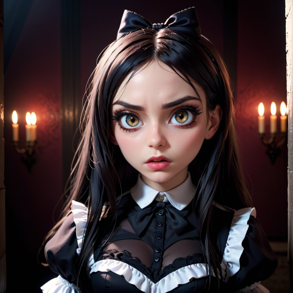  a mean girl, 1girl, beautiful detailed eyes, beautiful detailed lips, extremely detailed face and expression, intense gaze, dark makeup, long dark hair, gothic lolita dress, black and white, dramatic lighting, cinematic, dark moody atmosphere, (best quality,8k,highres,masterpiece:1.2),ultra-detailed,(realistic,photorealistic,photo-realistic:1.37),dramatic lighting,chiaroscuro,dark moody colors