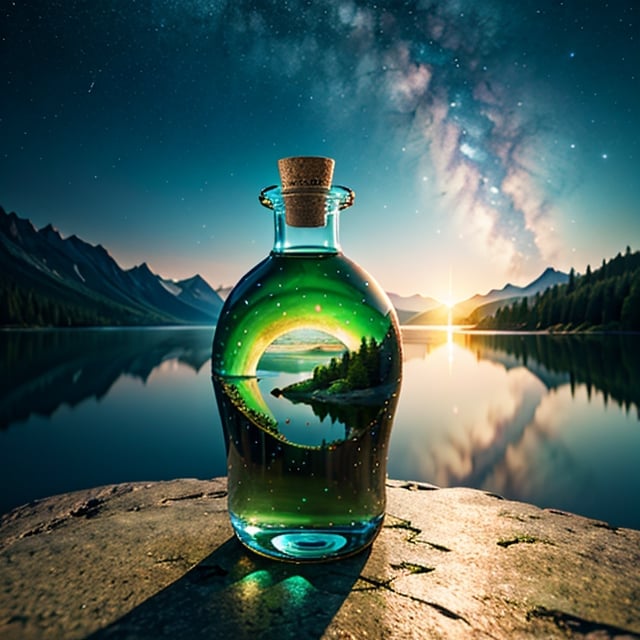 a colossal bottle which contained a majectic lake , very high quality and Very detailed scene , Octane render, Starry Sky , Dreams , Giant green Moon , Vaut of heaven , Inspiration, Imagination