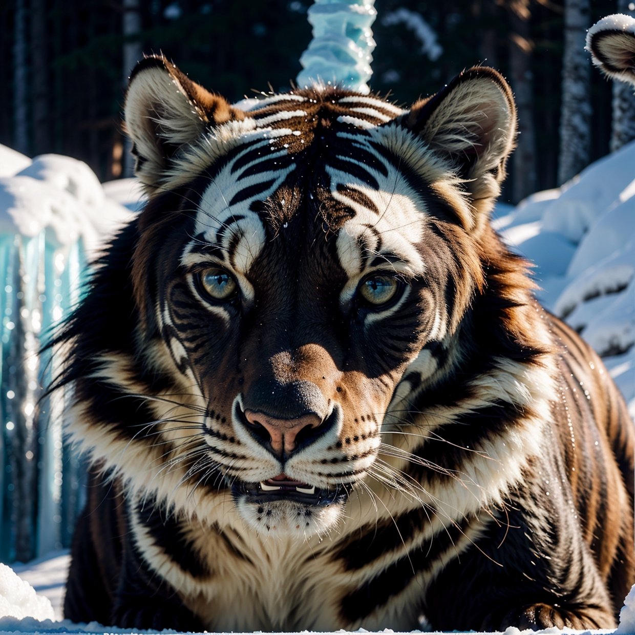 tiger in a glacial,(best quality,4k,8k,highres,masterpiece:1.2),ultra-detailed,(realistic,photorealistic,photo-realistic:1.37),wild animal, majestic creature,ice sculptures, sparkling snow, majestic mountains, frigid atmosphere, ice crystals, glistening icicles, dense forest in the background, piercing eyes, ferocious presence, frozen landscape, serene silence, icy blue color scheme, subtle lighting,add